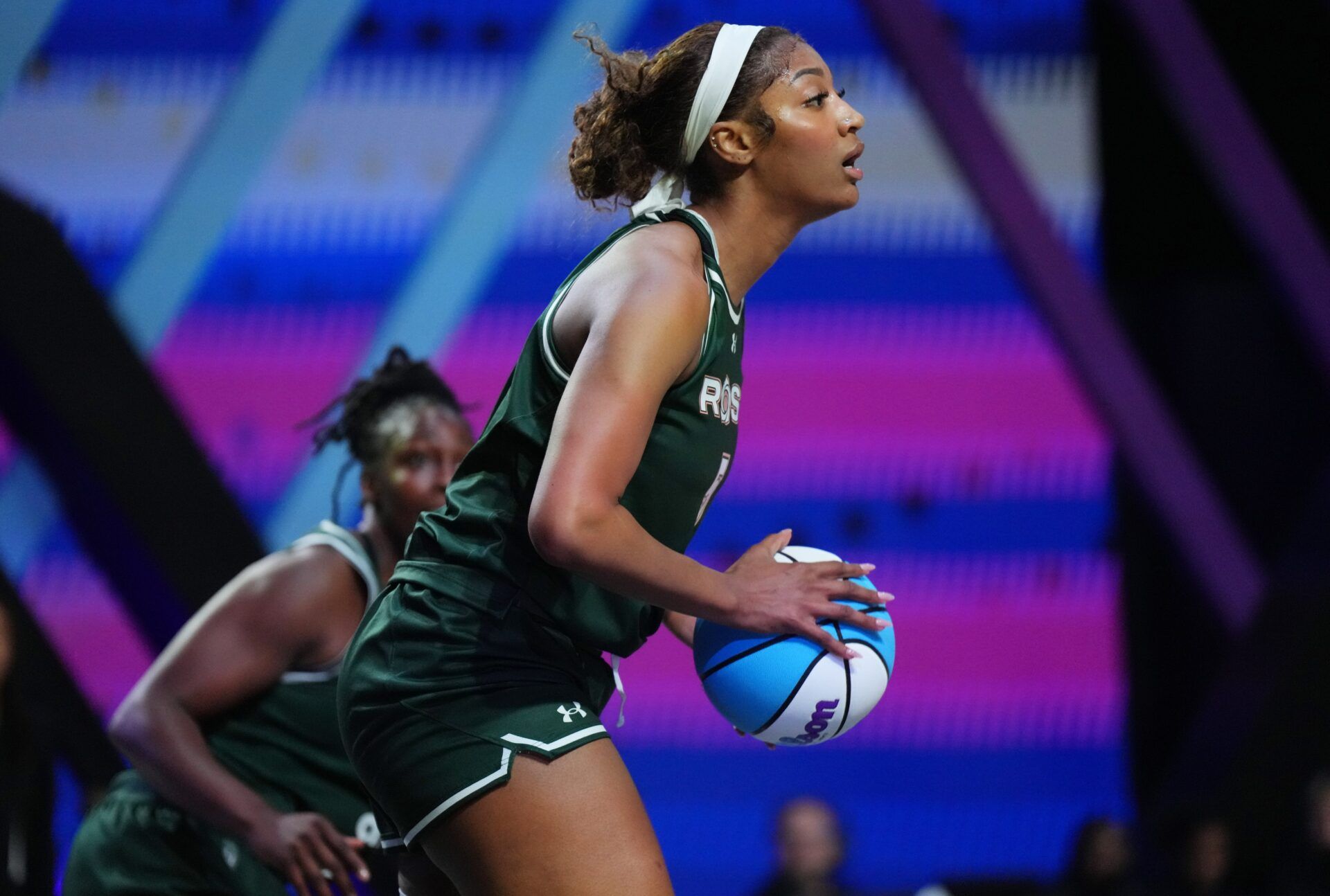 Angel Reese (5) of the Rose takes a shot against the Vinyl in the first half of the Unrivaled women’s professional 3v3 basketball league at Wayfair Arena.