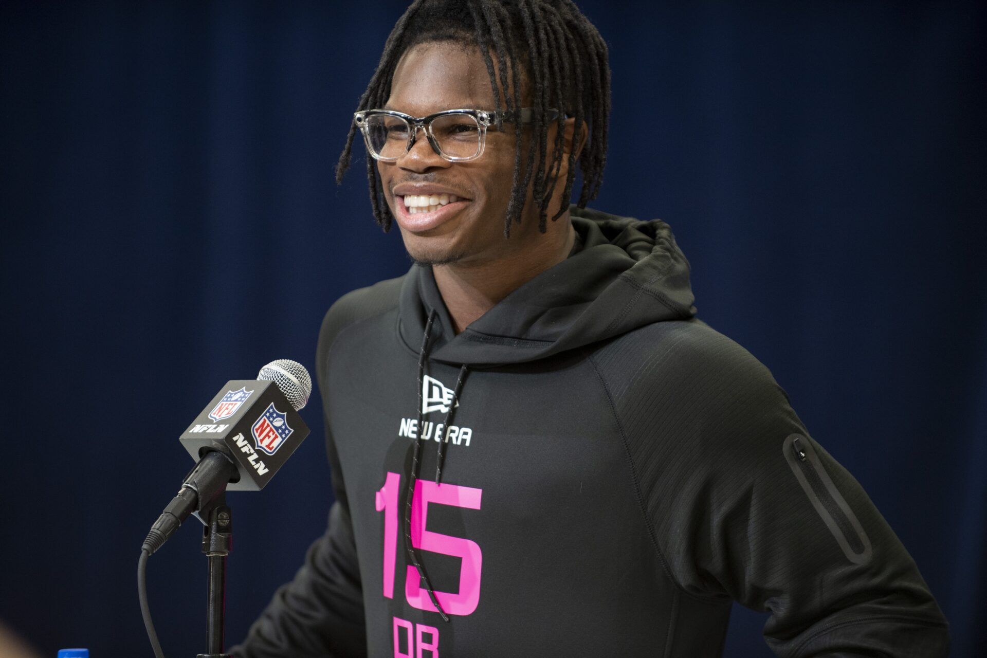 Colorado defensive back Travis Hunter (DB15) during the 2025 NFL Combine at Lucas Oil Stadium.