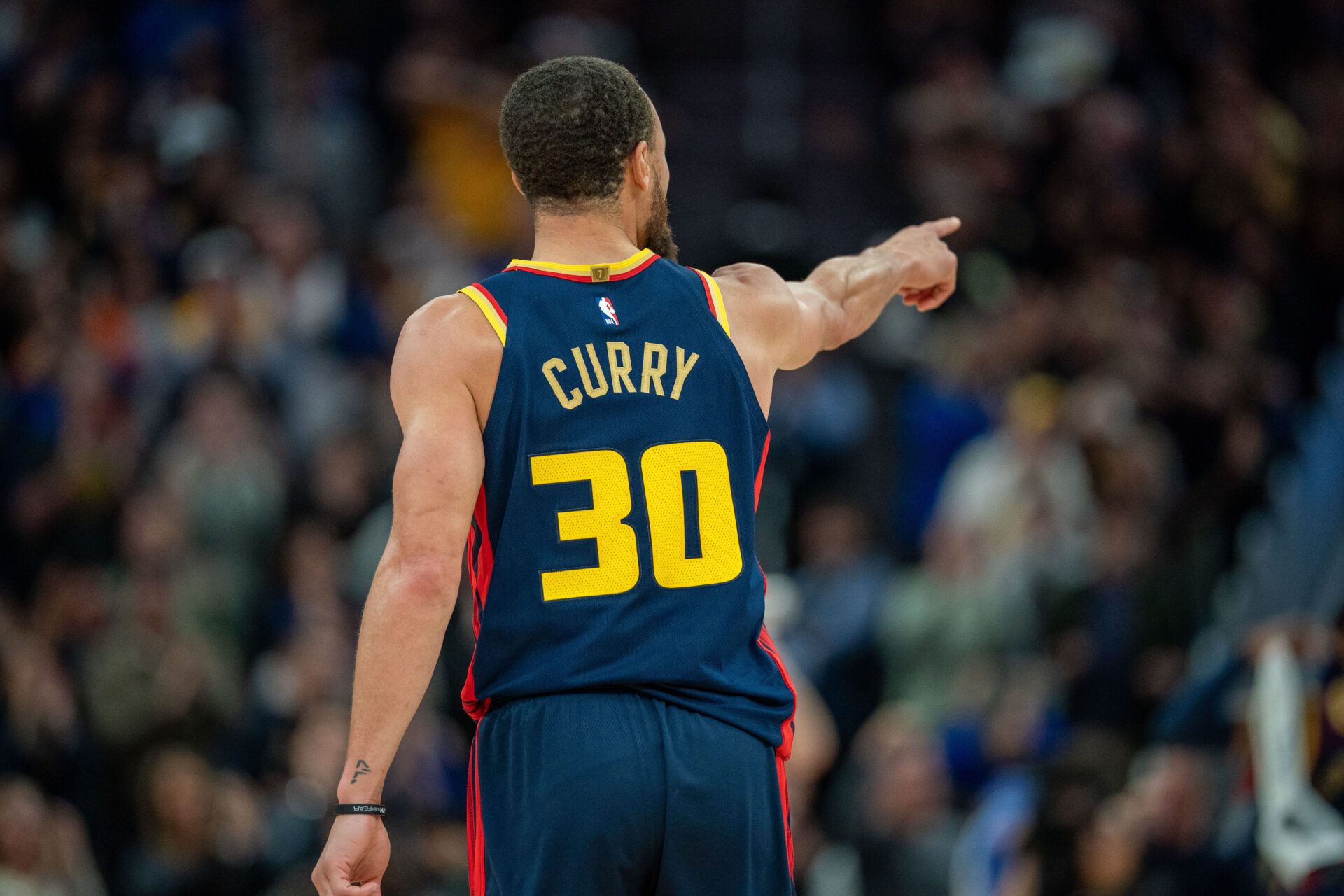 Golden State Warriors guard Stephen Curry (30) celebrates after the basket against the New York Knicks during the fourth quarter at Chase Center. Mandatory Credit: Neville E. Guard-Imagn Images