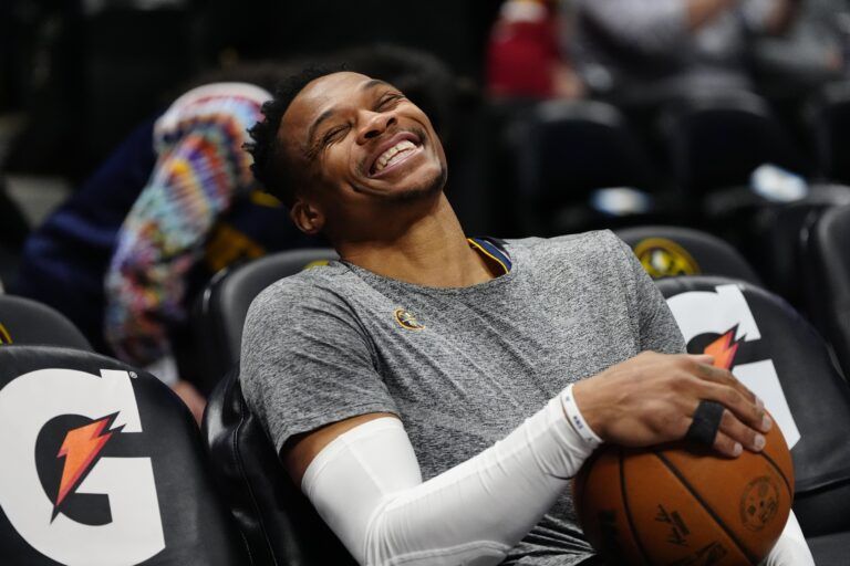Denver Nuggets guard Russell Westbrook (4) reacts before the game against the Washington Wizards at Ball Arena.