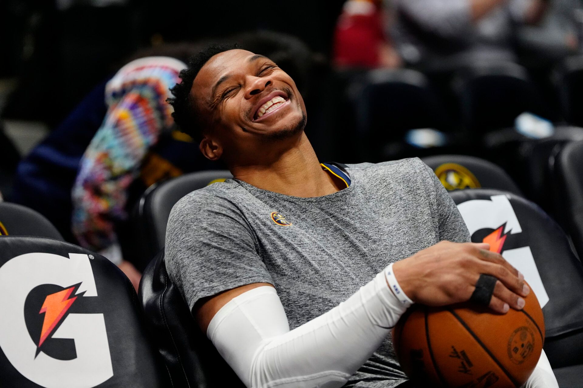 Mar 15, 2025; Denver, Colorado, USA; Denver Nuggets guard Russell Westbrook (4) reacts before the game against the Washington Wizards at Ball Arena. Mandatory Credit: Ron Chenoy-Imagn Images