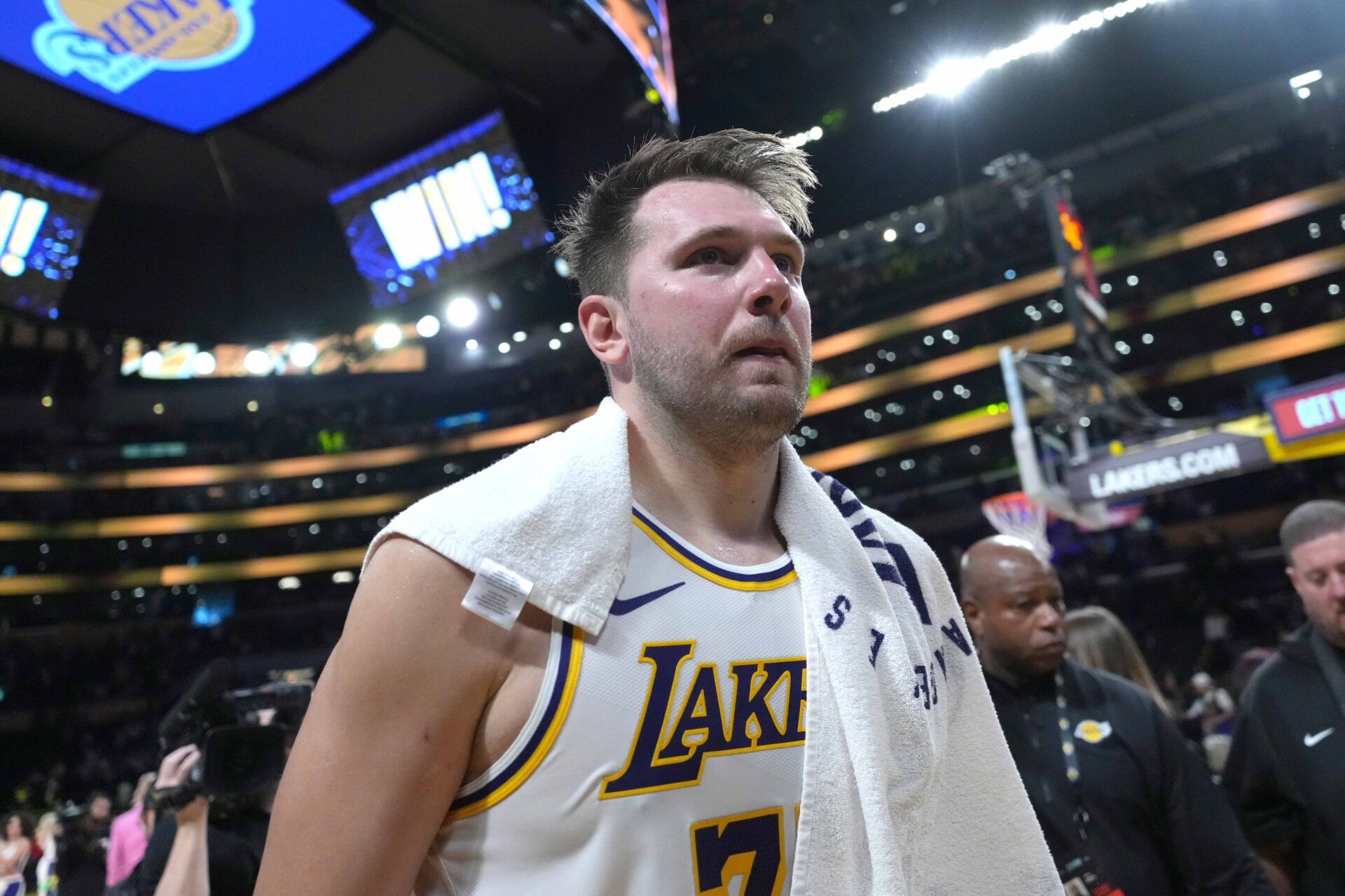 Los Angeles Lakers guard Luka Doncic (77) reacts after the game against the Phoenix Suns at Crypto.com Arena.