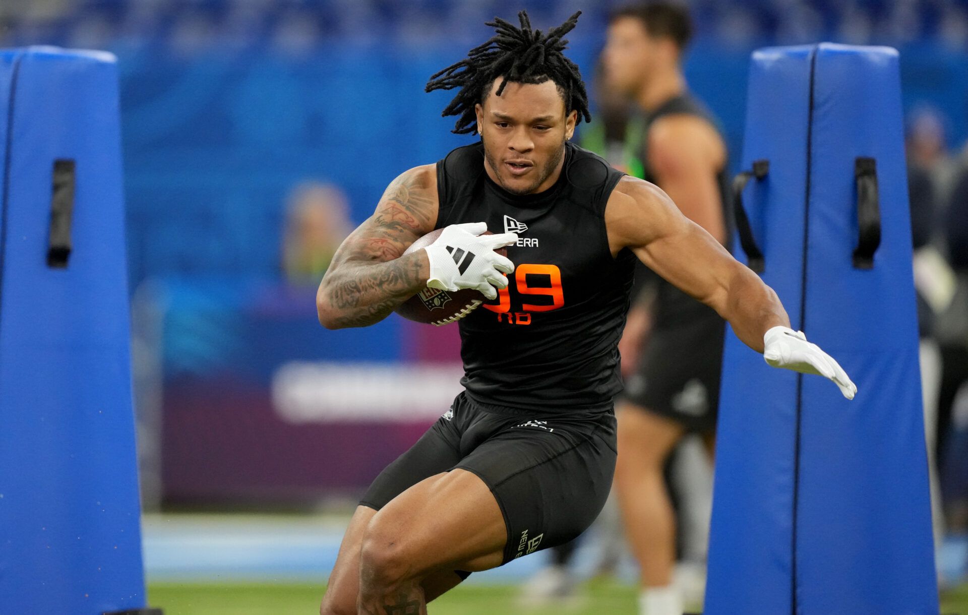 Mar 1, 2025; Indianapolis, IN, USA; North Carolina running back Omarion Hampton (RB09) during the 2025 NFL Combine at Lucas Oil Stadium. Mandatory Credit: Kirby Lee-Imagn Images