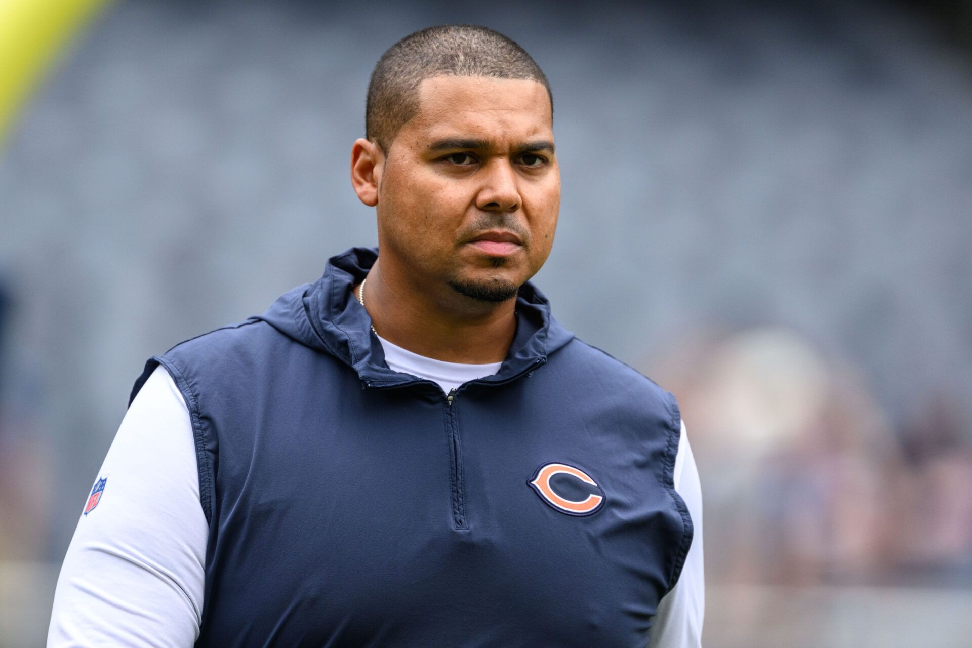 Aug 26, 2023; Chicago, Illinois, USA; Chicago Bears general manager Ryan Poles looks on before a game against the Buffalo Bills at Soldier Field. Mandatory Credit: Daniel Bartel-USA TODAY Sports