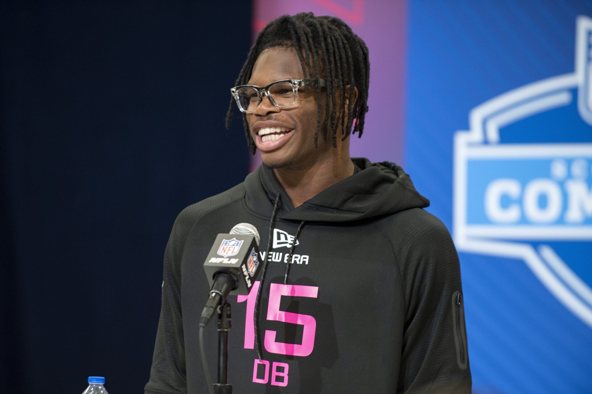 Colorado defensive back Travis Hunter (DB15) during the 2025 NFL Combine at Lucas Oil Stadium.