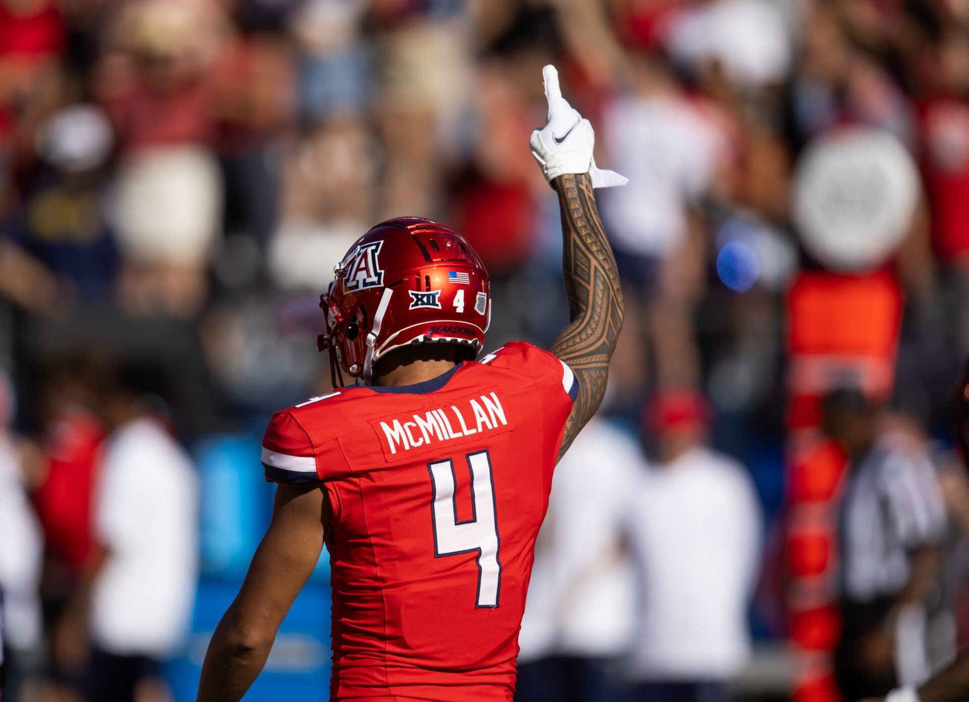 Detailed view of the jersey of Arizona Wildcats wide receiver Tetairoa McMillan (4) against the Arizona State Sun Devils during the Territorial Cup at Arizona Stadium.