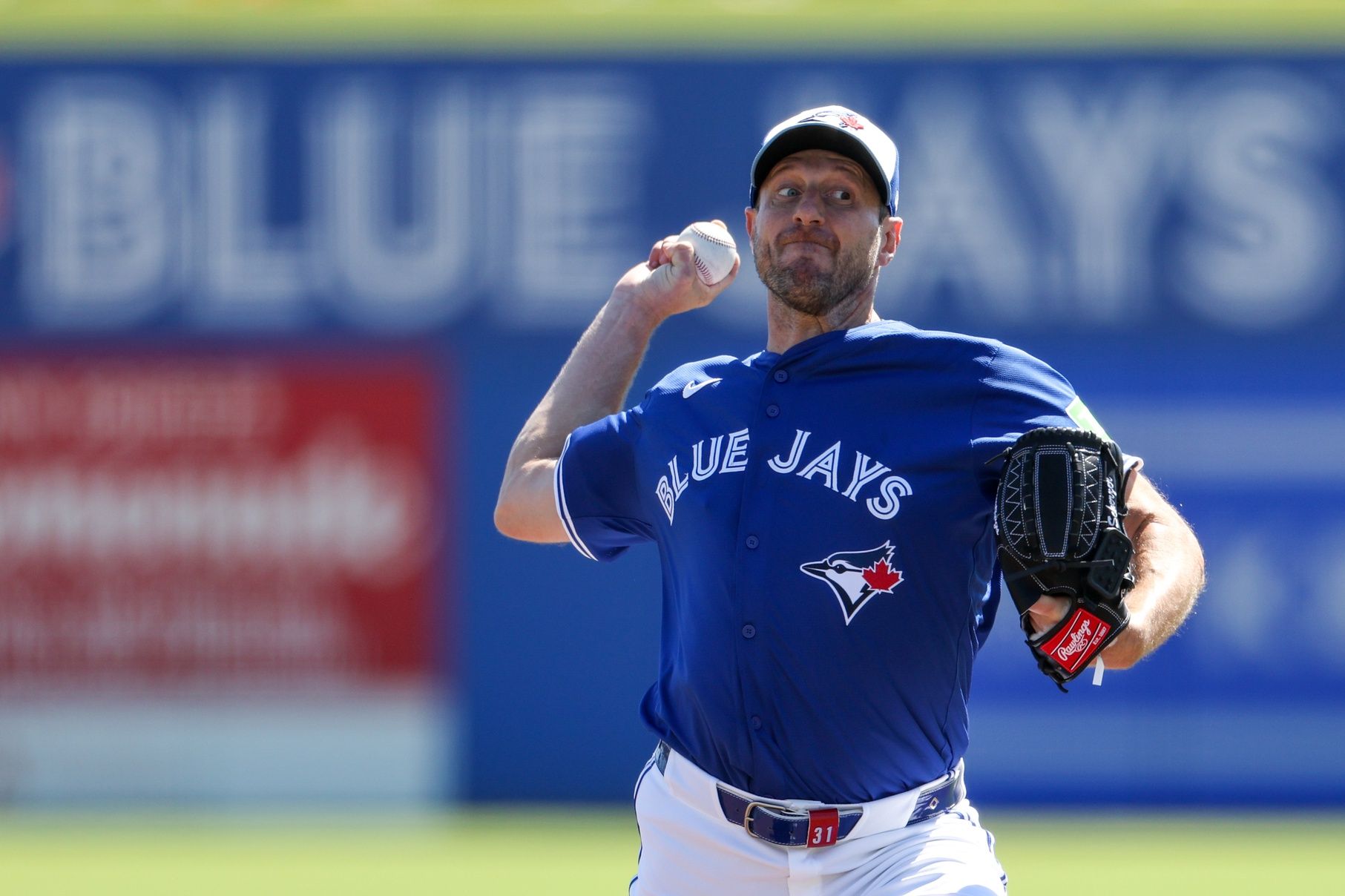 Toronto Blue Jays pitcher Max Scherzer (31) throws a pitch against the Philadelphia Phillies in the second inning during spring training at TD Ballpark.