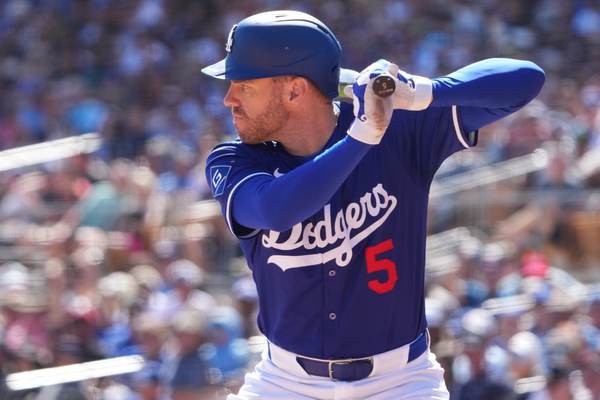 Los Angeles Dodgers first base Freddie Freeman (5) bats against the Los Angeles Dodgers during the second inning at Camelback Ranch-Glendale.