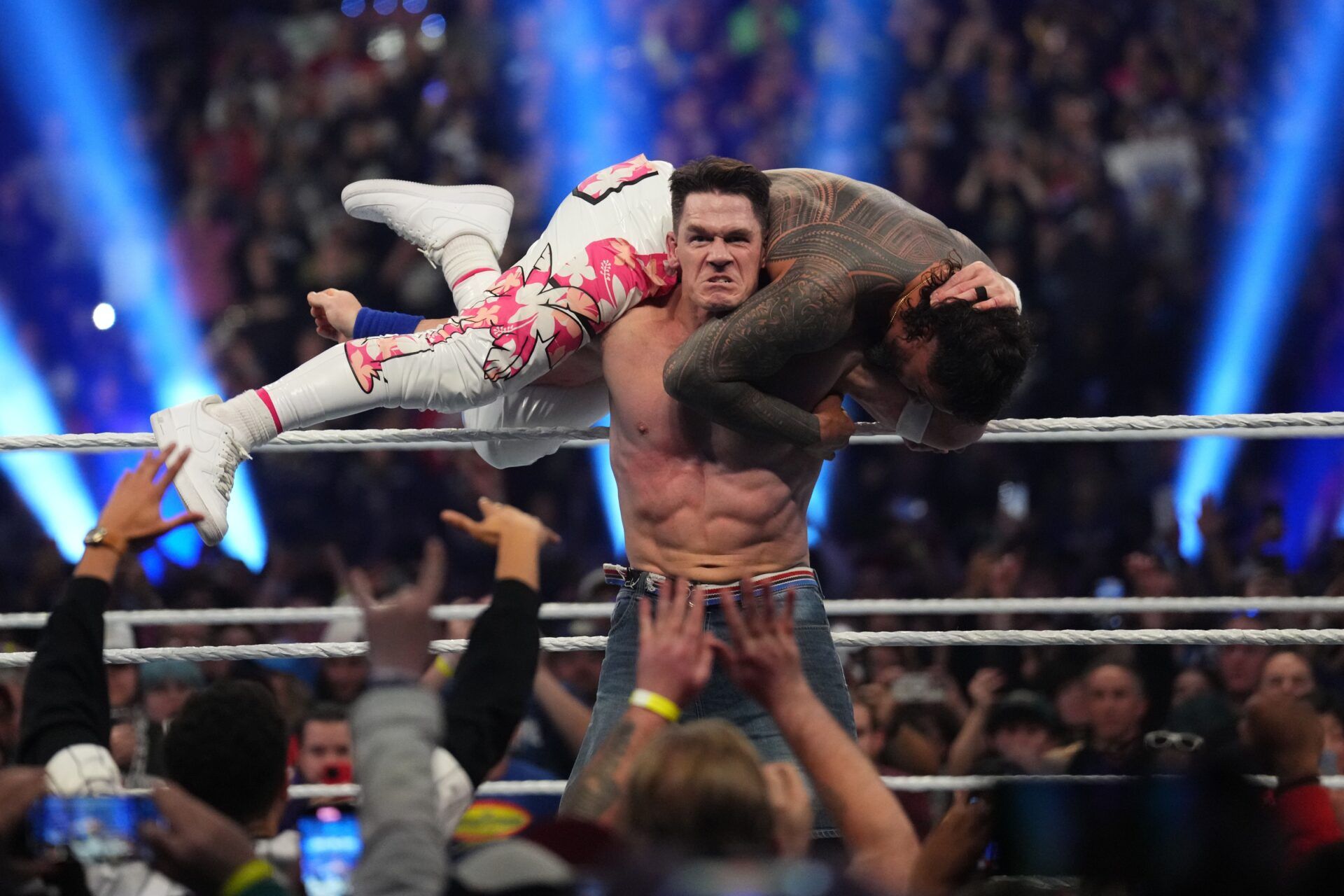 John Cena during the Men’s Royal Rumble match during the WWE Royal Rumble at Lucas Oil Stadium.