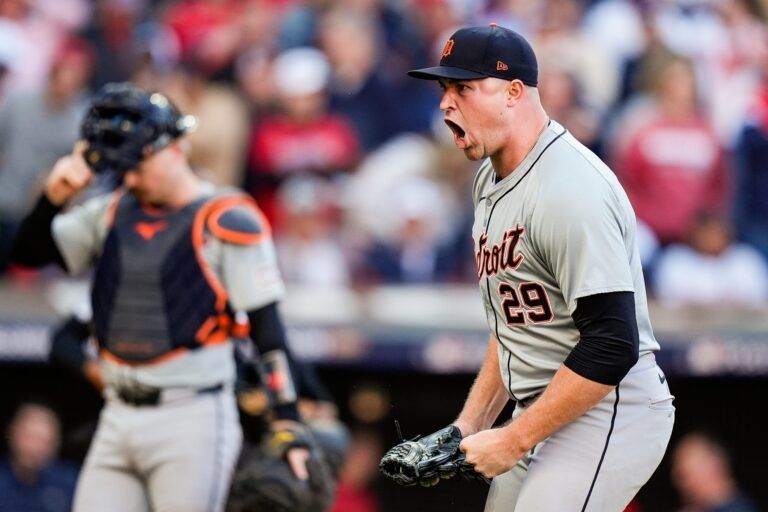 Detroit Tigers pitcher Tarik Skubal (29) reacts after pitching the fifth inning of Game 2 of ALDS against Cleveland Guardians at Progressive Field.