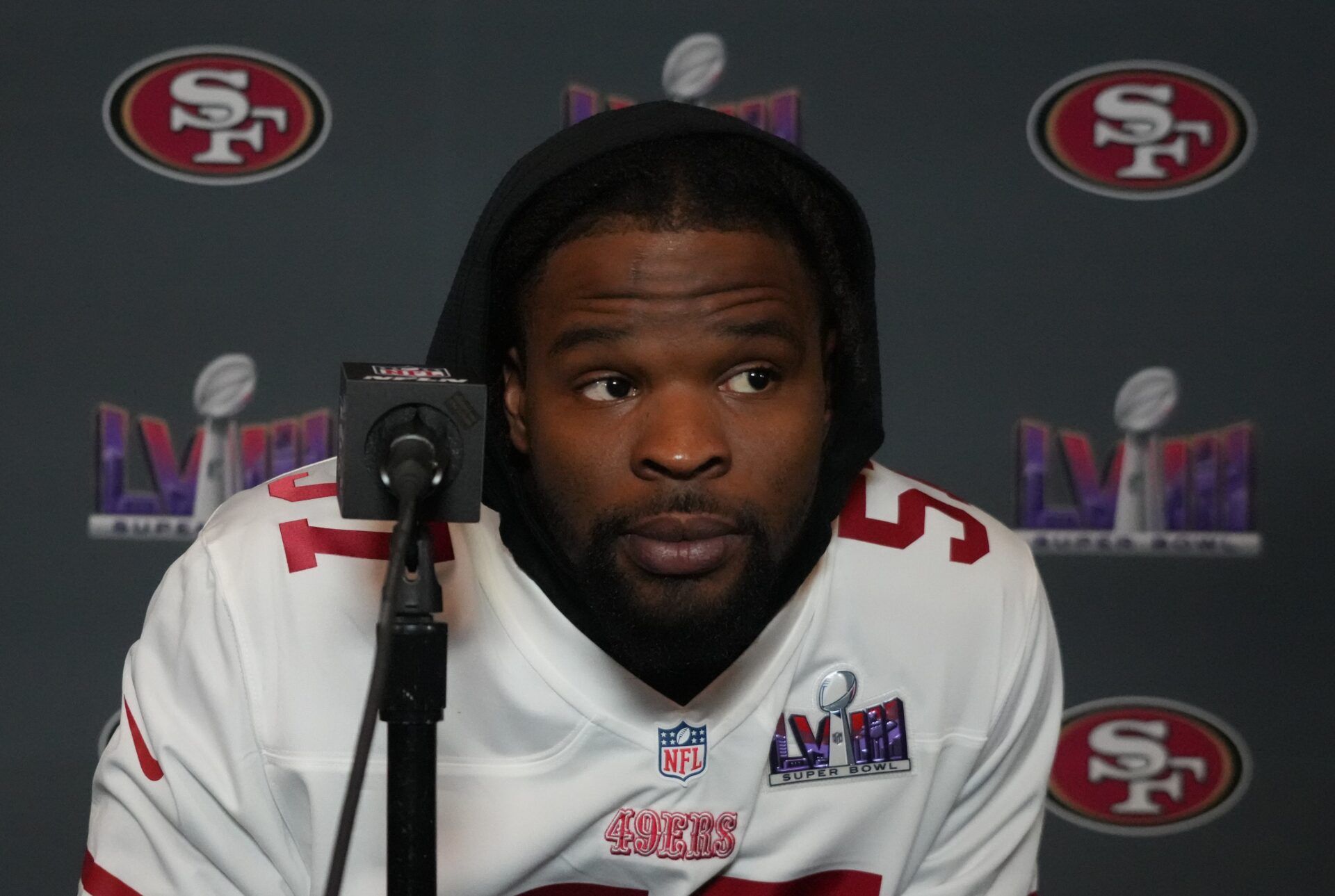 San Francisco 49ers linebacker Dre Greenlaw (57) during a press conference before Super Bowl LVIII at the Hilton Lake Las Vegas Resort.