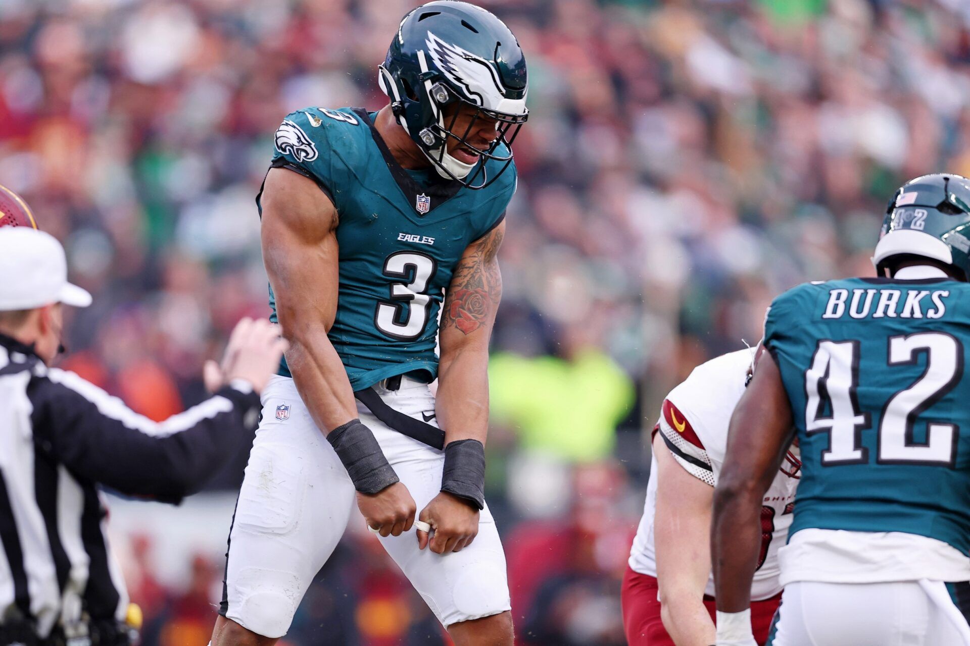 Philadelphia Eagles linebacker Nolan Smith Jr. (3) reacts after a play against the Washington Commanders during the first half of the NFC Championship game at Lincoln Financial Field.