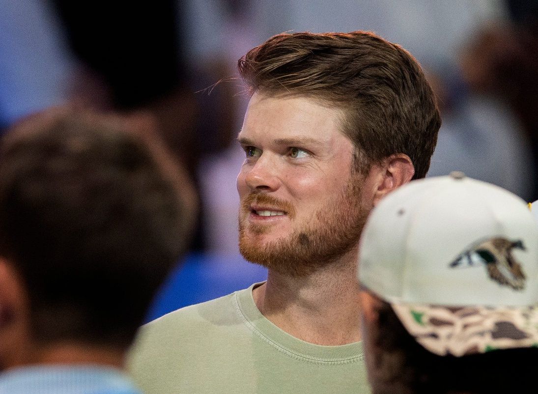 Minnesota Vikings quarterback Sam Darnold attends the TGL match between Jupiter Links GC and Atlanta Drive GC at SoFi Center on March 4, 2025, in Palm Beach Gardens, Florida.