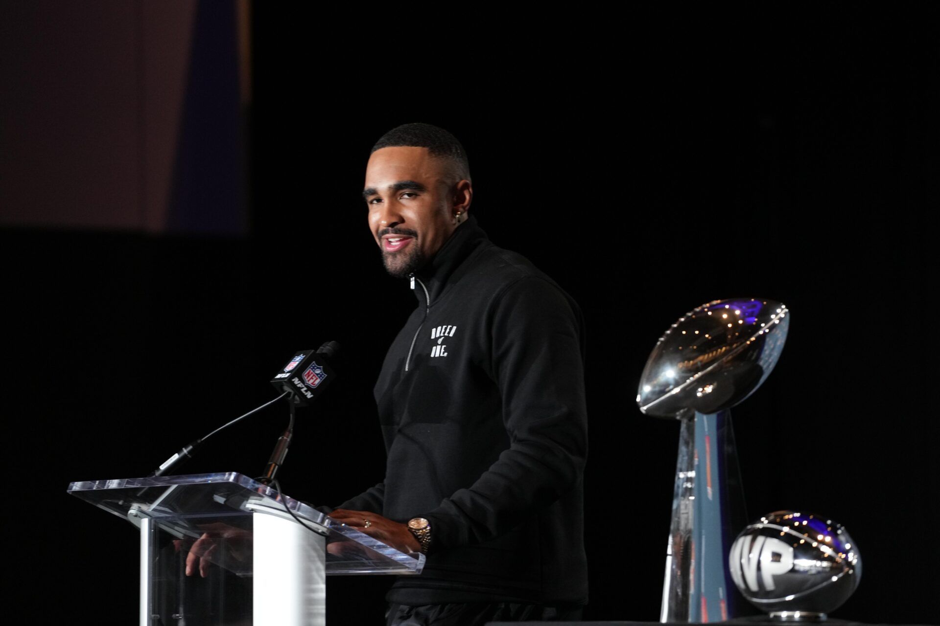 Philadelphia Eagles quarterback Jalen Hurts (1) speaks at the Super Bowl LIX Winning Head Coach and Most Valuable Player press conference at the Ernest N. Morial Convention Center.