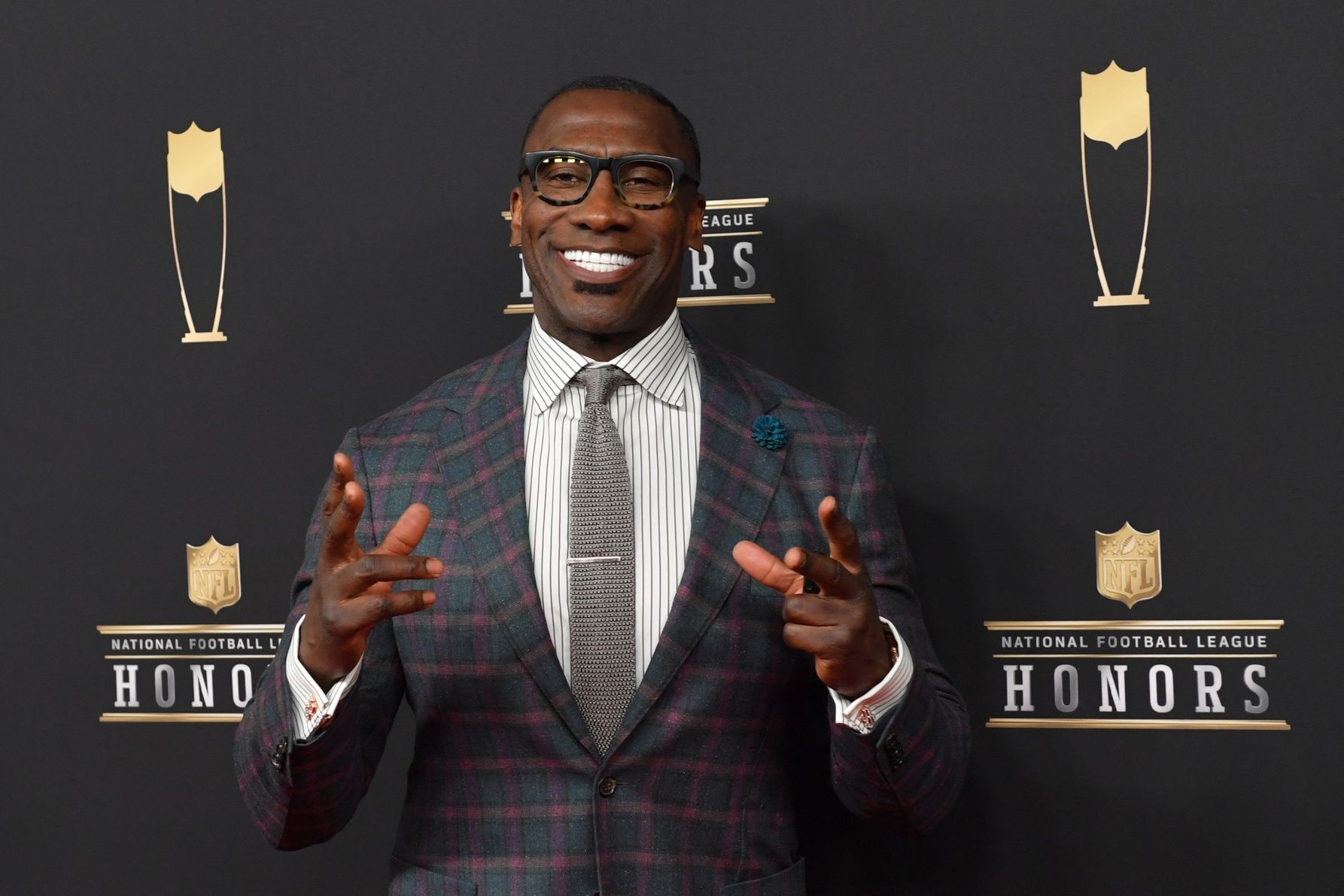 Shannon Sharpe during red carpet arrivals for the NFL Honors show at the Fox Theatre.