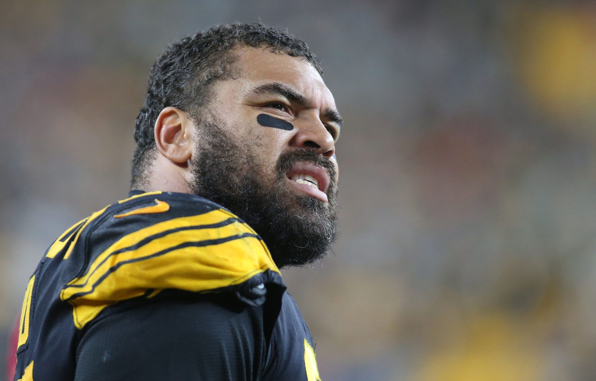 Oct 28, 2019; Pittsburgh, PA, USA; Pittsburgh Steelers defensive end Cameron Heyward (97) reacts on the sidelines against the Miami Dolphins during the second quarter at Heinz Field. The Steelers won 27-14. Mandatory Credit: Charles LeClaire-USA TODAY Sports