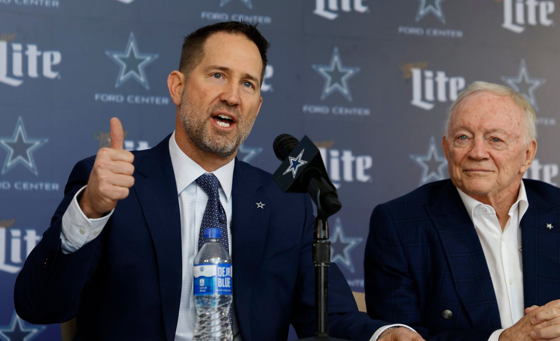 FRISCO, TEXAS - JANUARY 27: New head coach of the Dallas Cowboys Brian Schottenheimer talks during at a press conference along side team owner Jerry Jones at The Star in Frisco on January 27, 2025 in Frisco, Texas. (Photo by Ron Jenkins/Getty Images)