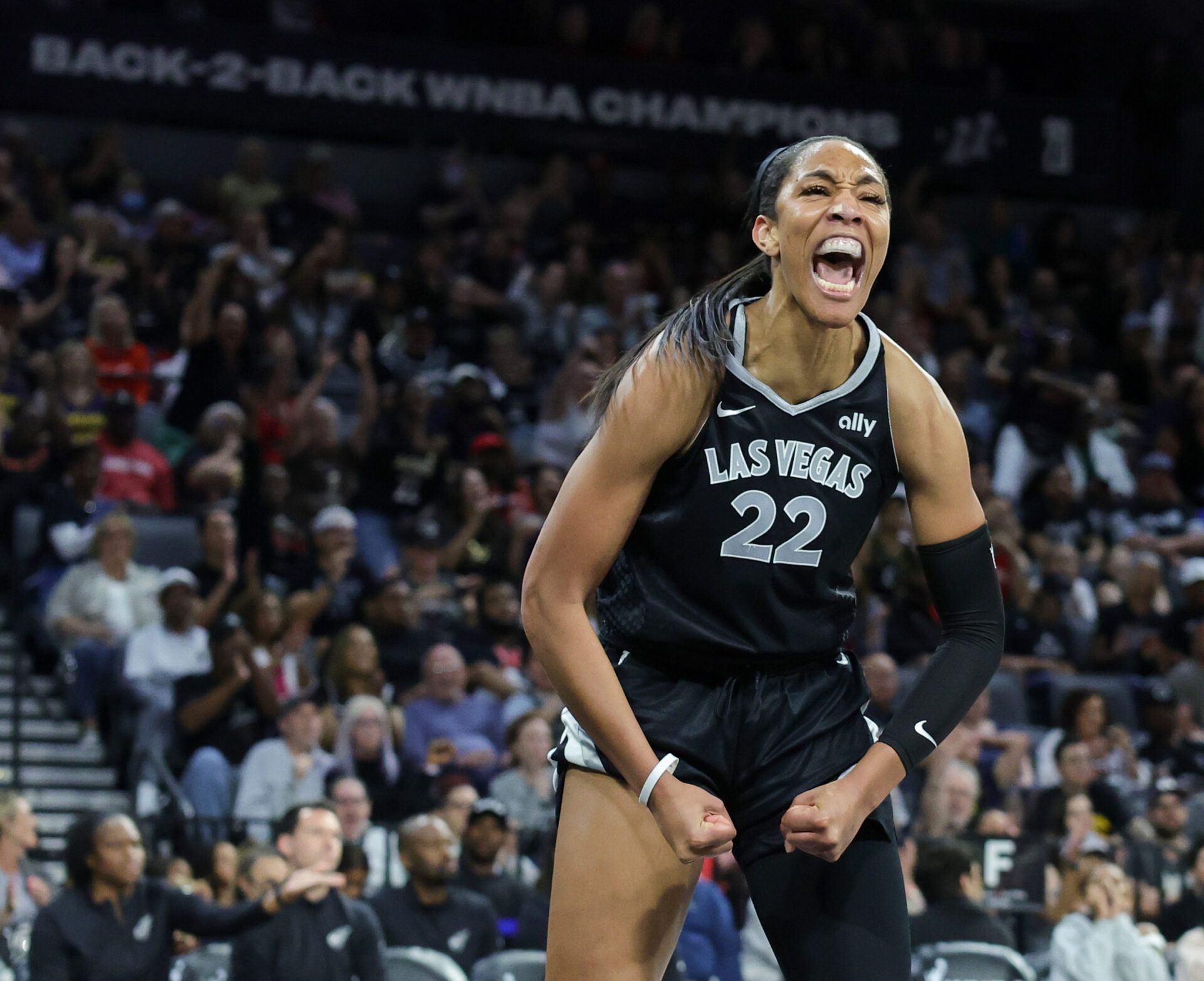 LAS VEGAS, NEVADA - MAY 25: A'ja Wilson #22 of the Las Vegas Aces reacts after making a basket and drawing a foul against the Indiana Fever in the third quarter of their game at Michelob ULTRA Arena on May 25, 2024 in Las Vegas, Nevada. The Aces defeated the Fever 99-80. NOTE TO USER: User expressly acknowledges and agrees that, by downloading and or using this photograph, User is consenting to the terms and conditions of the Getty Images License Agreement. (Photo by Ethan Miller/Getty Images)