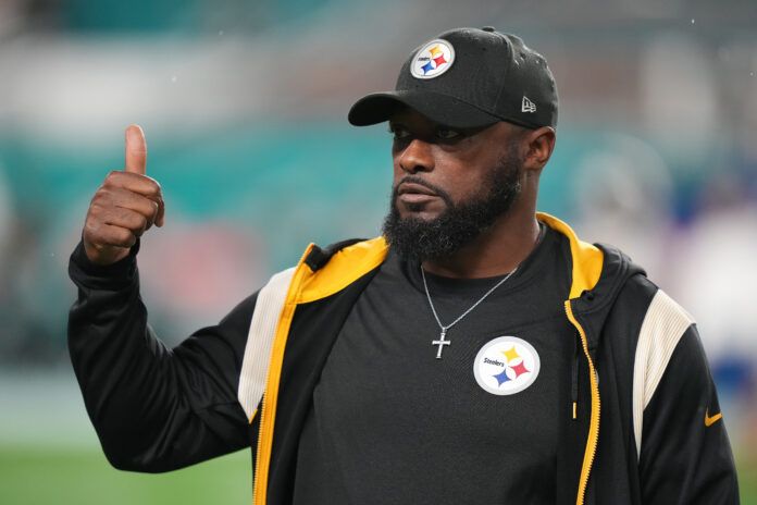 MIAMI GARDENS, FLORIDA - OCTOBER 23: Head coach Mike Tomlin of the Pittsburgh Steelers reacts prior to the game against the Miami Dolphins at Hard Rock Stadium on October 23, 2022 in Miami Gardens, Florida. (Photo by Eric Espada/Getty Images)