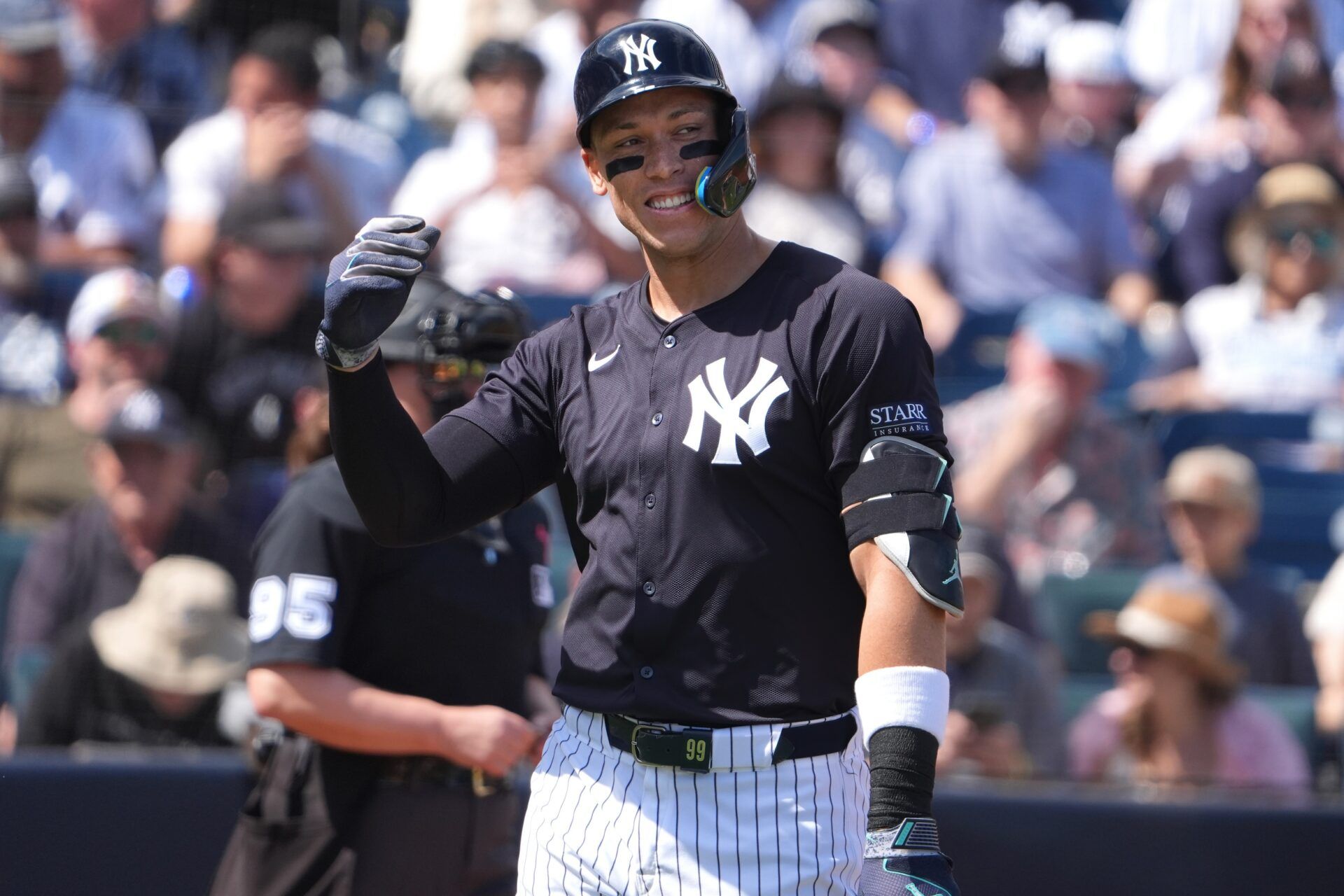 New York Yankees outfielder Aaron Judge (99) reacts after striking out against the Houston Astros during the first inning at George M. Steinbrenner Field.