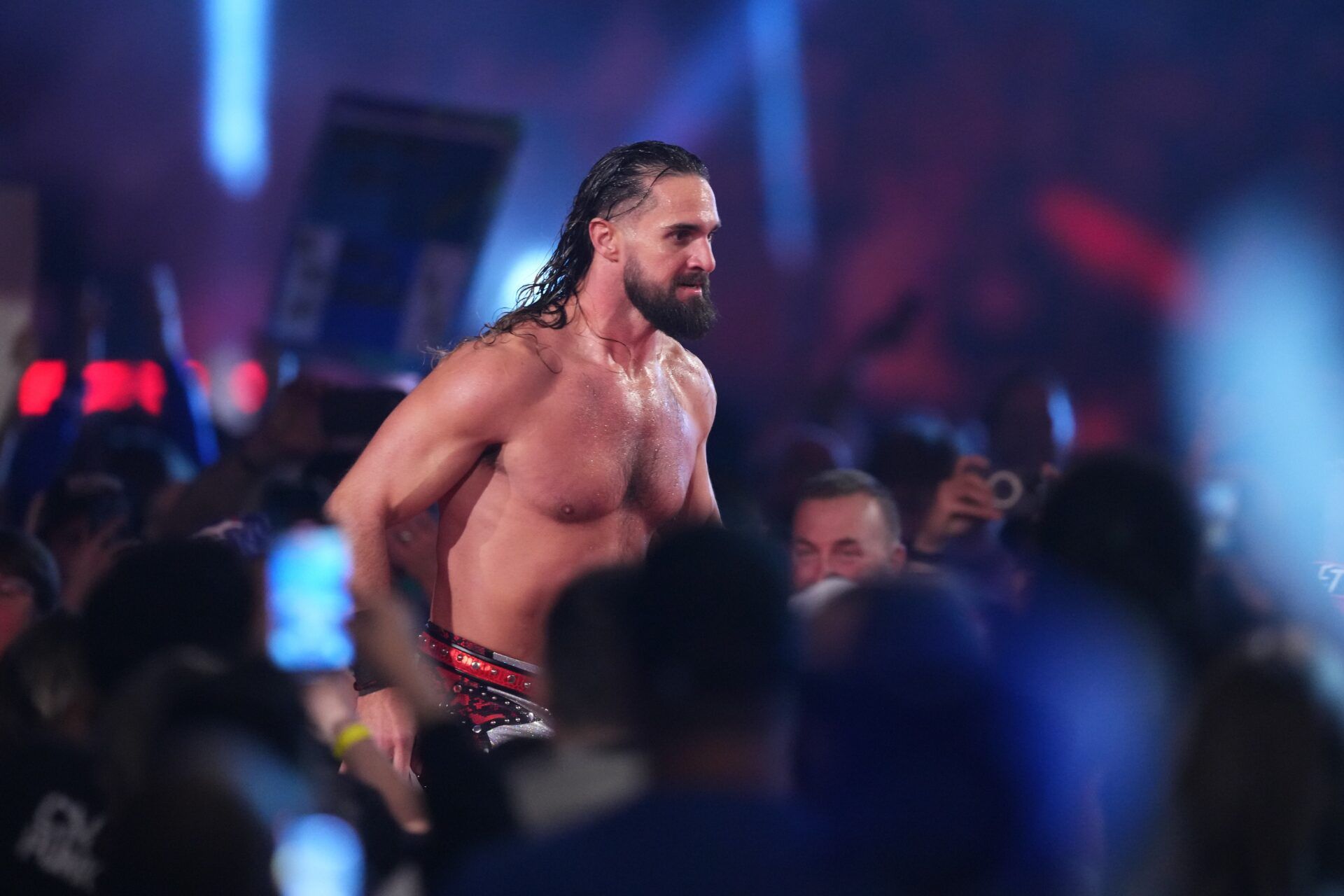 Seth Rollins during the Men’s Royal Rumble match during the WWE Royal Rumble at Lucas Oil Stadium.