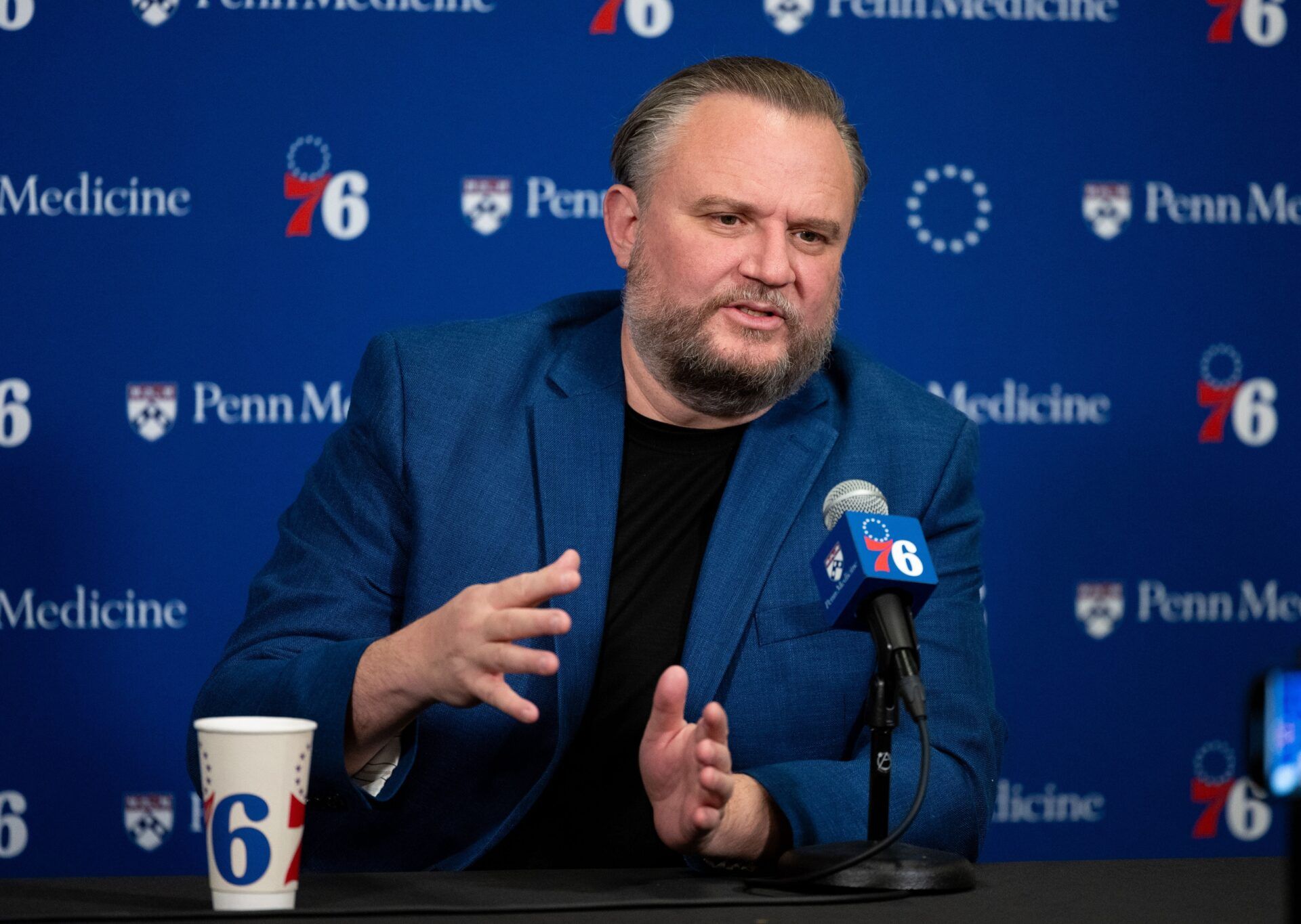 Philadelphia 76ers resident of Basketball Operations Daryl Morey speaks with the media before a game against the Detroit Pistons at Wells Fargo Center.