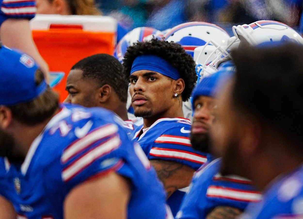 Buffalo Bills wide receiver Keon Coleman (0) watches the play on the Jumbotron during second half action at the Bills home game against the New York Jets at Highmark Stadium.