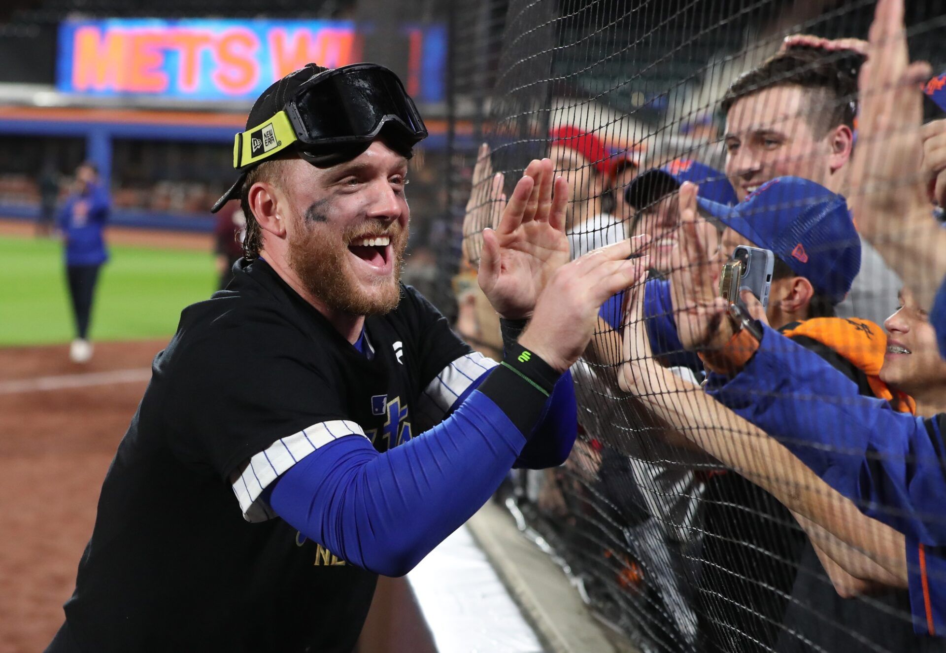 New York Mets outfielder Harrison Bader celebrates after defeating the Philadelphia Phillies in game four of the NLDS for the 2024 MLB Playoffs at Citi Field.