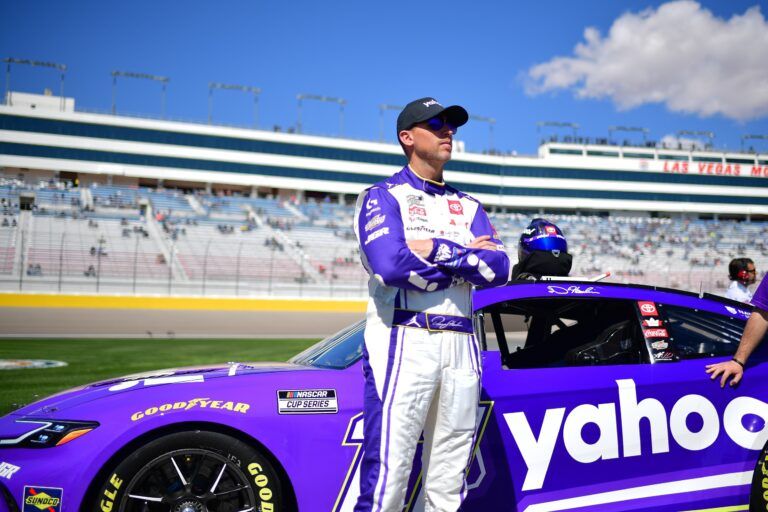 Mar 15, 2025; Las Vegas, Nevada, USA; NASCAR Cup Series driver Denny Hamlin (11) during qualifying for the Pennzoil 400 at Las Vegas Motor Speedway. Mandatory Credit: Gary A. Vasquez-Imagn Images