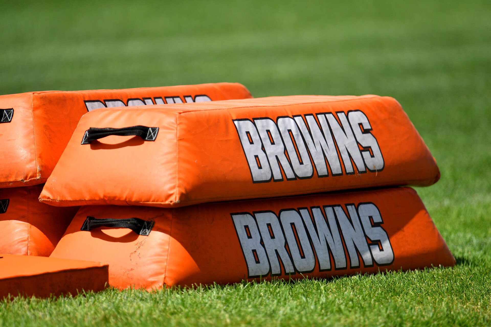 BEREA, OHIO - AUGUST 18: Practice pads sit on the field Cleveland Browns during training camp on August 18, 2020 at the Browns training facility in Berea, Ohio. (Photo by Jason Miller/Getty Images)