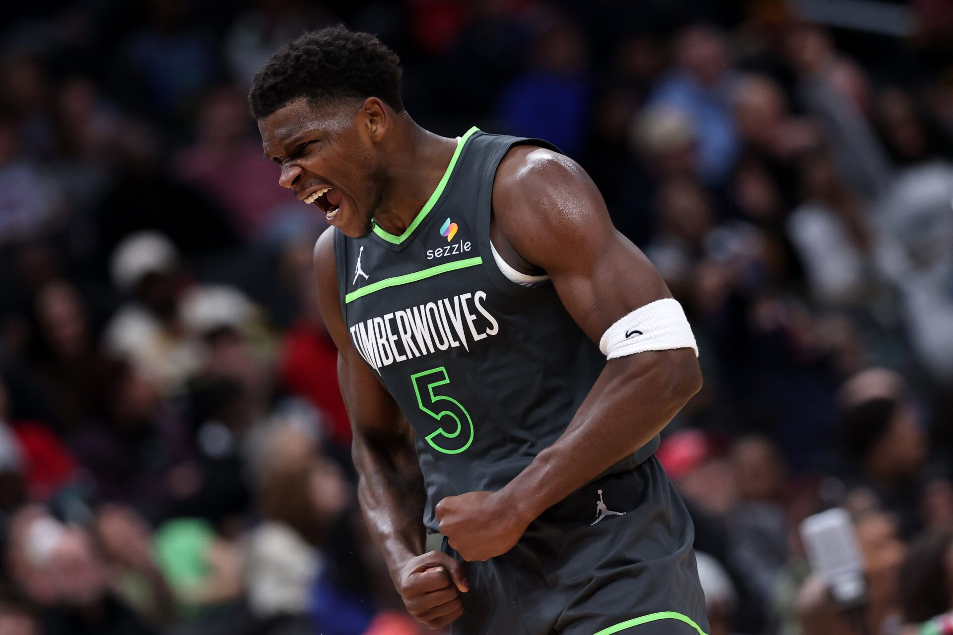 WASHINGTON, DC - JANUARY 13: Anthony Edwards #5 of the Minnesota Timberwolves celebrates against the Washington Wizards during the second half at Capital One Arena on January 13, 2025 in Washington, DC. NOTE TO USER: User expressly acknowledges and agrees that, by downloading and or using this photograph, User is consenting to the terms and conditions of the Getty Images License Agreement. (Photo by Patrick Smith/Getty Images)