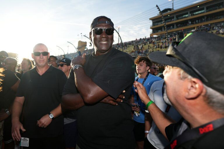 23XI Racing owner Michael Jordan celebrates after his driver NASCAR Cup Series driver Tyler Reddick (not pictured) won the Straight Talk Wireless 400 at Homestead-Miami Speedway.