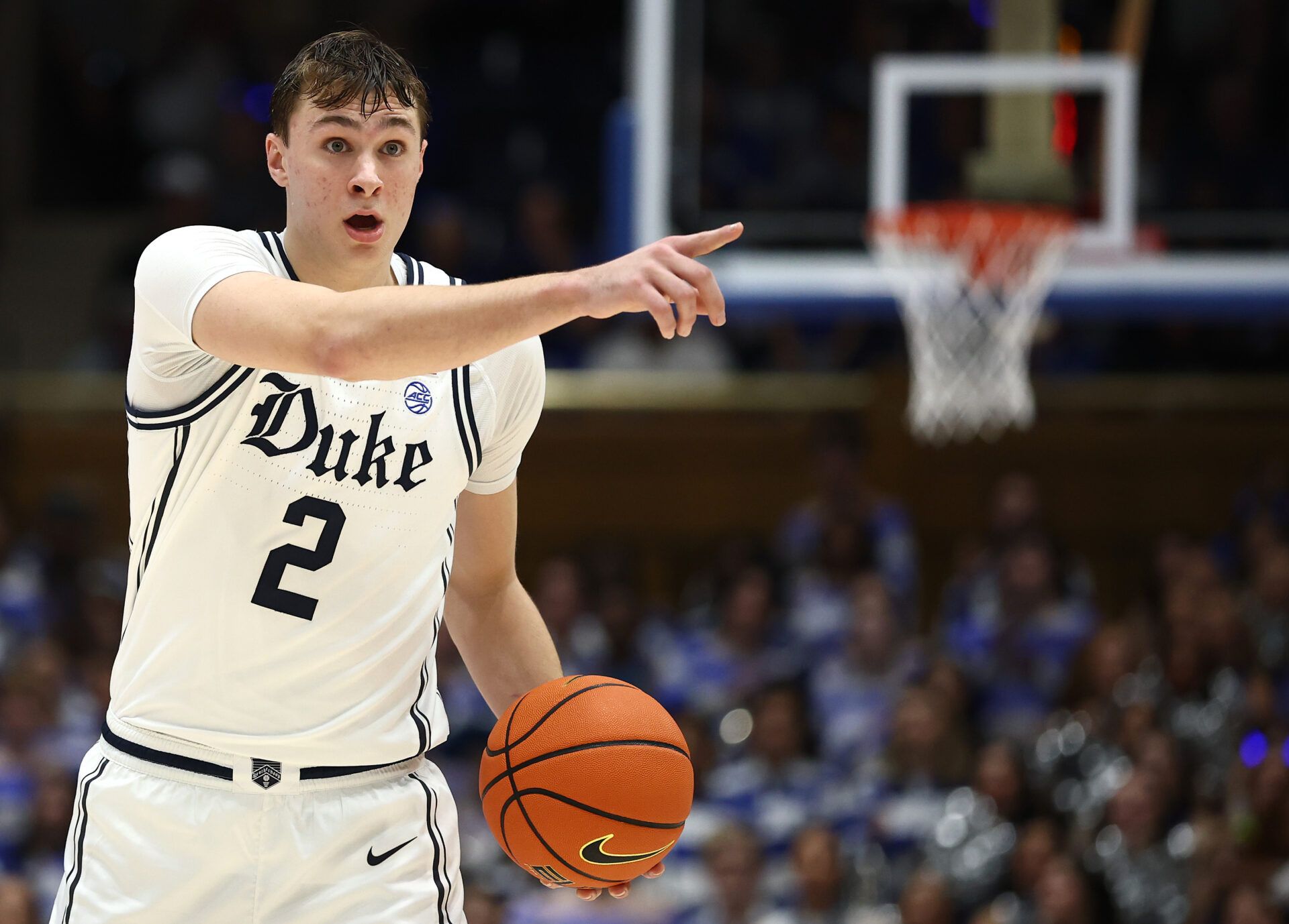 DURHAM, NORTH CAROLINA - FEBRUARY 01: Cooper Flagg #2 of the Duke Blue Devils reacts during the second half of the game against the North Carolina Tar Heels at Cameron Indoor Stadium on February 01, 2025 in Durham, North Carolina. (Photo by Jared C. Tilton/Getty Images)