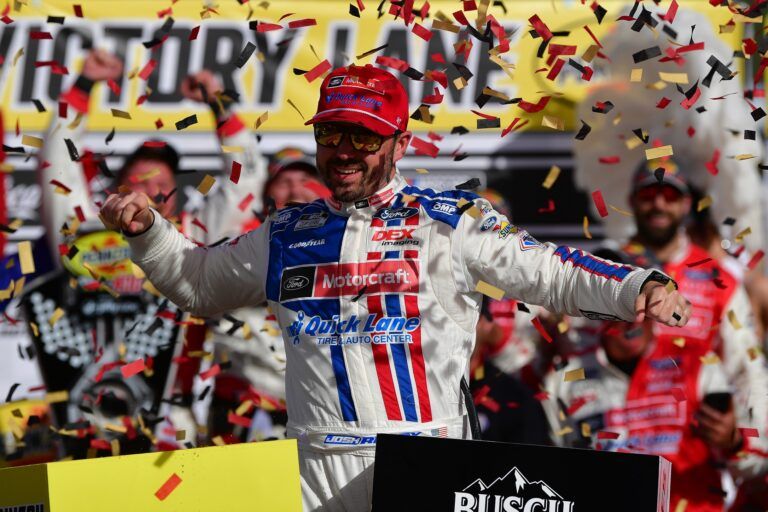 NASCAR Cup Series driver Josh Berry (21) celebrates his victory following the Pennzoil 400 at Las Vegas Motor Speedway.