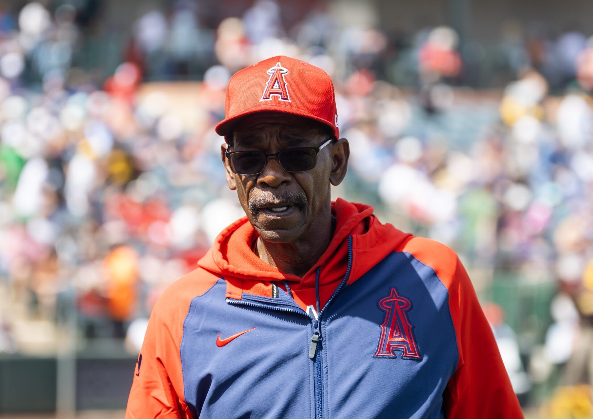 Los Angeles Angels manager Ron Washington against the San Diego Padres during a spring training game at Tempe Diablo Stadium.