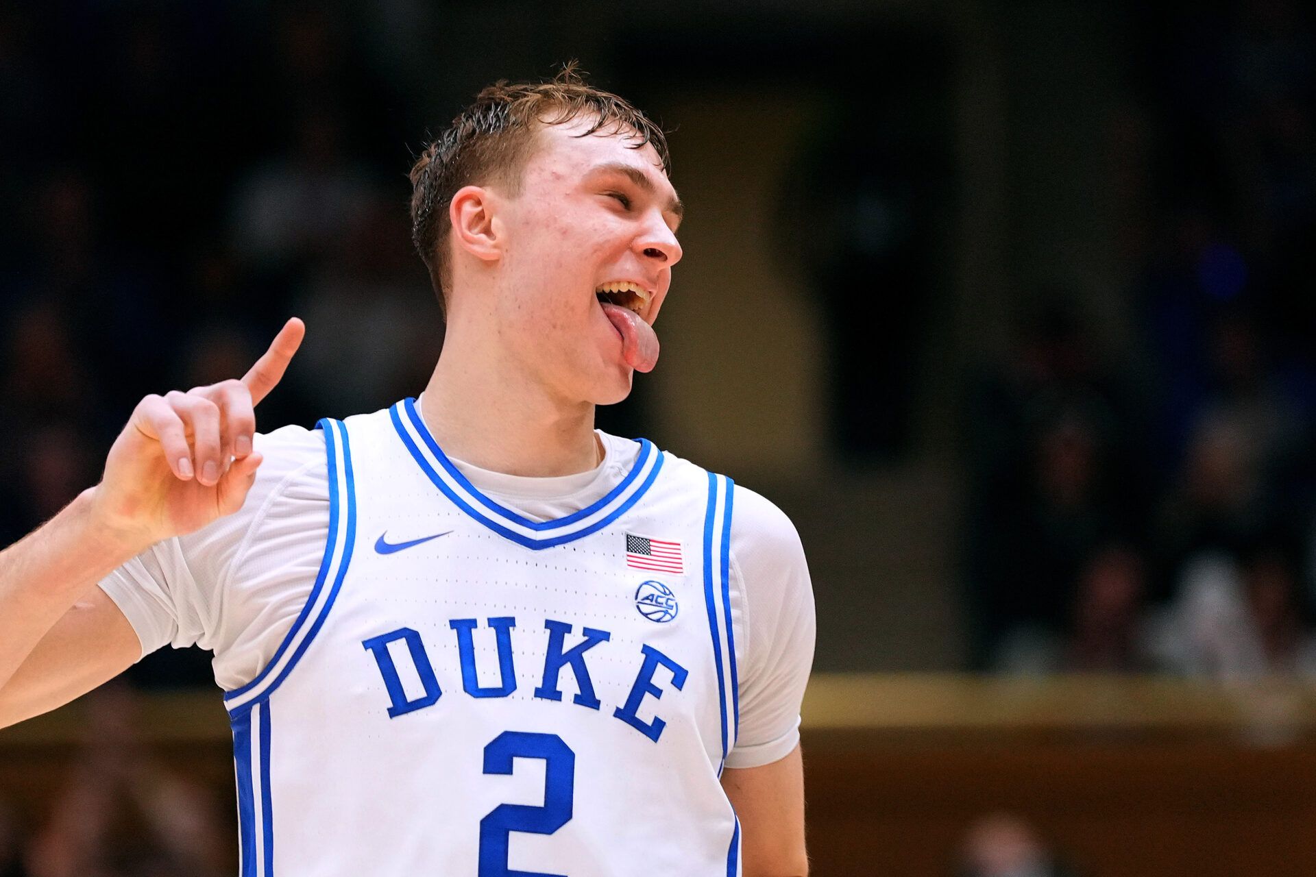 DURHAM, NORTH CAROLINA - FEBRUARY 15: Cooper Flagg #2 of the Duke Blue Devils reacts after a dunk against the Stanford Cardinal during the second half of the game at Cameron Indoor Stadium on February 15, 2025 in Durham, North Carolina. (Photo by Grant Halverson/Getty Images)