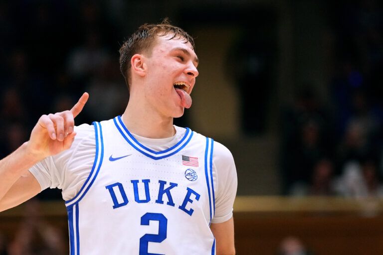 DURHAM, NORTH CAROLINA - FEBRUARY 15: Cooper Flagg #2 of the Duke Blue Devils reacts after a dunk against the Stanford Cardinal during the second half of the game at Cameron Indoor Stadium on February 15, 2025 in Durham, North Carolina. (Photo by Grant Halverson/Getty Images)