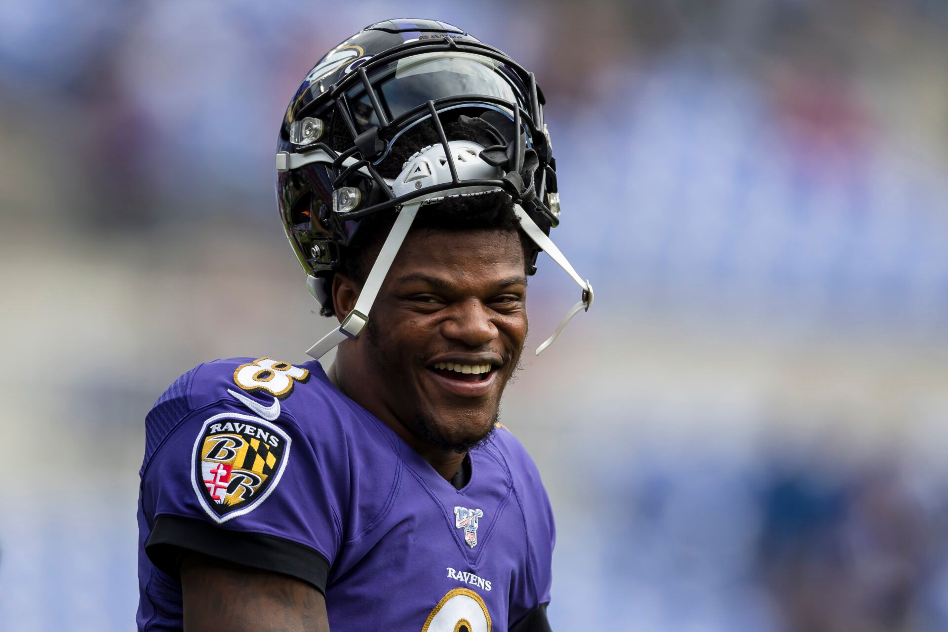 BALTIMORE, MD - OCTOBER 13: Lamar Jackson #8 of the Baltimore Ravens reacts before the game against the Cincinnati Bengals at M&T Bank Stadium on October 13, 2019 in Baltimore, Maryland. (Photo by Scott Taetsch/Getty Images)