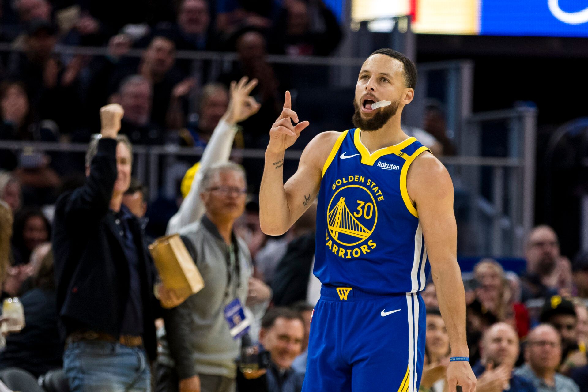 Mar 10, 2025; San Francisco, California, USA; Golden State Warriors guard Stephen Curry (30) reacts after hitting a three-point shot against the Portland Trail Blazers during the third quarter at Chase Center. Mandatory Credit: John Hefti-Imagn Images