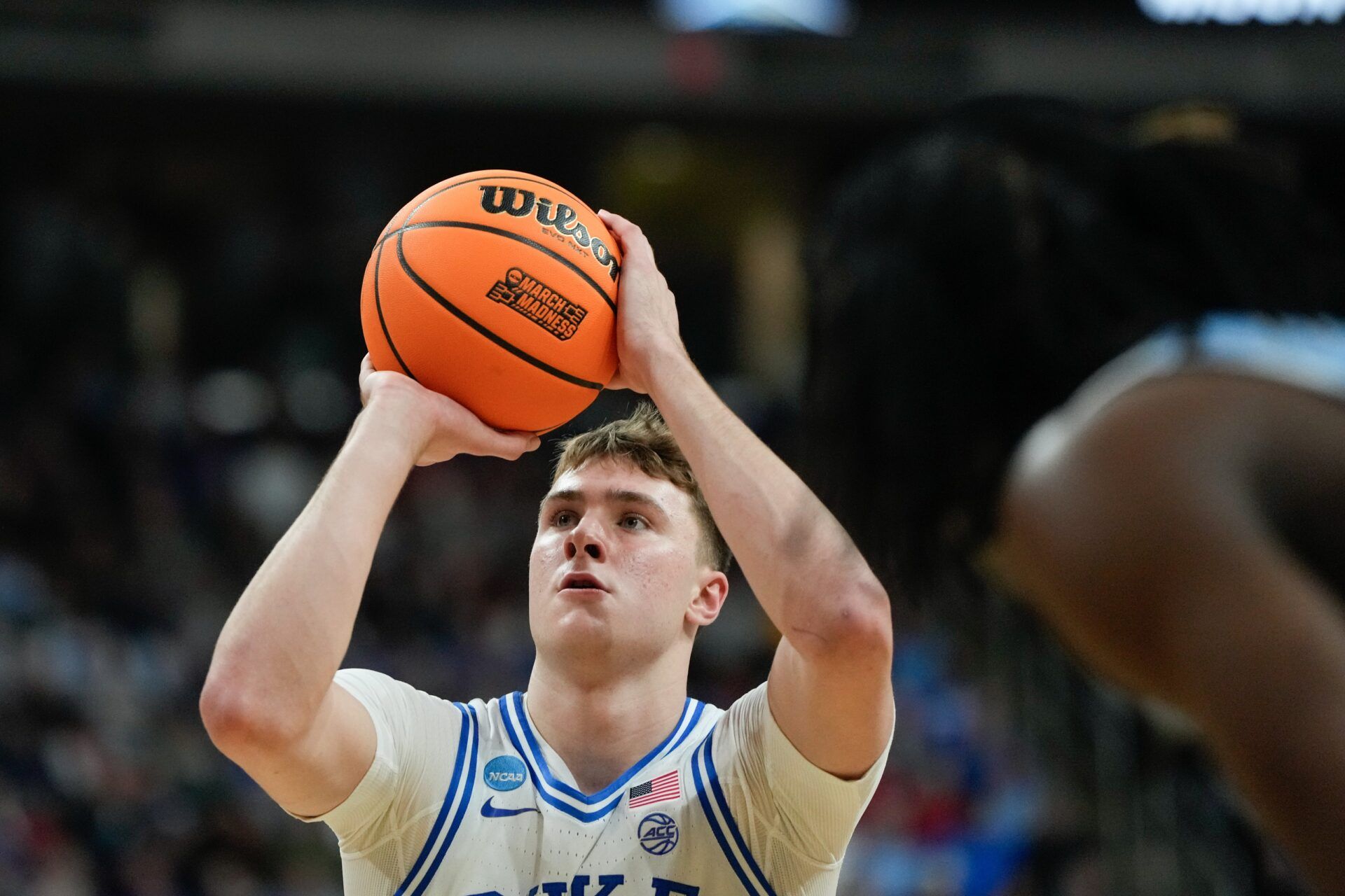Duke Blue Devils forward Cooper Flagg (2) shoots a free throw against the Mount St. Mary's Mountaineers during the first half in the first round of the NCAA Tournament at Lenovo Center.