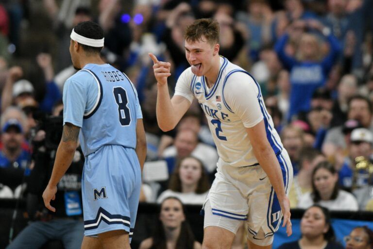 Duke Blue Devils forward Cooper Flagg (2) celebrates during the first half against the Mount St. Mary's Mountaineers in the first round of the NCAA Tournament at Lenovo Center.