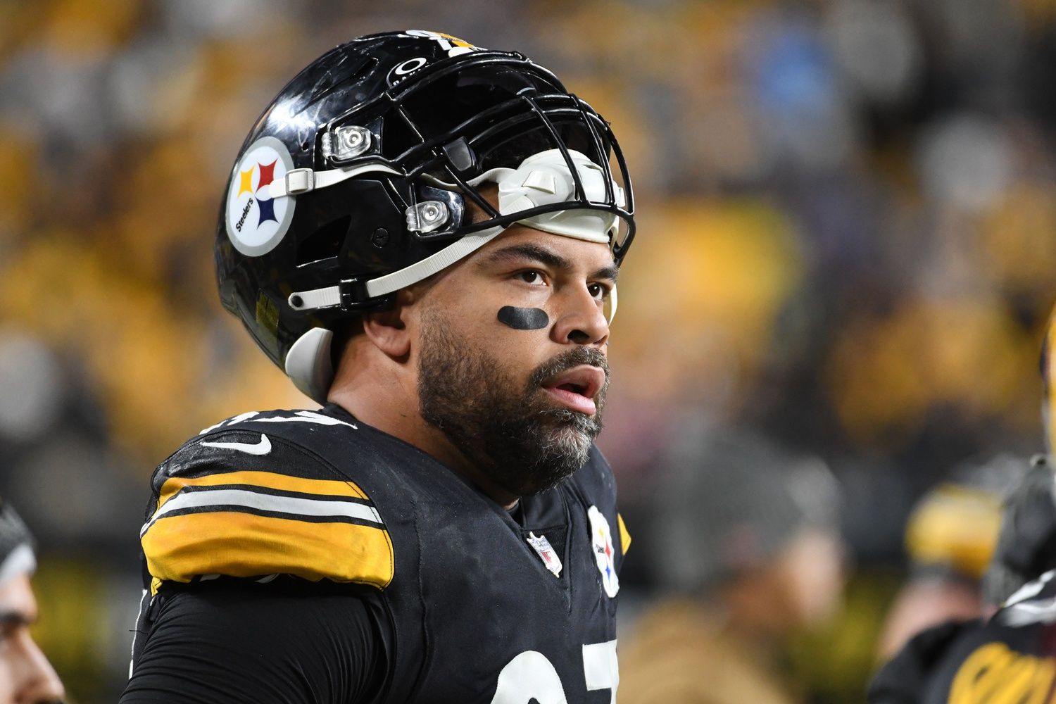 Pittsburgh Steelers defensive end Cam Heyward watches the game against the Tennessee Titans during the second quarter at Acrisure Stadium.