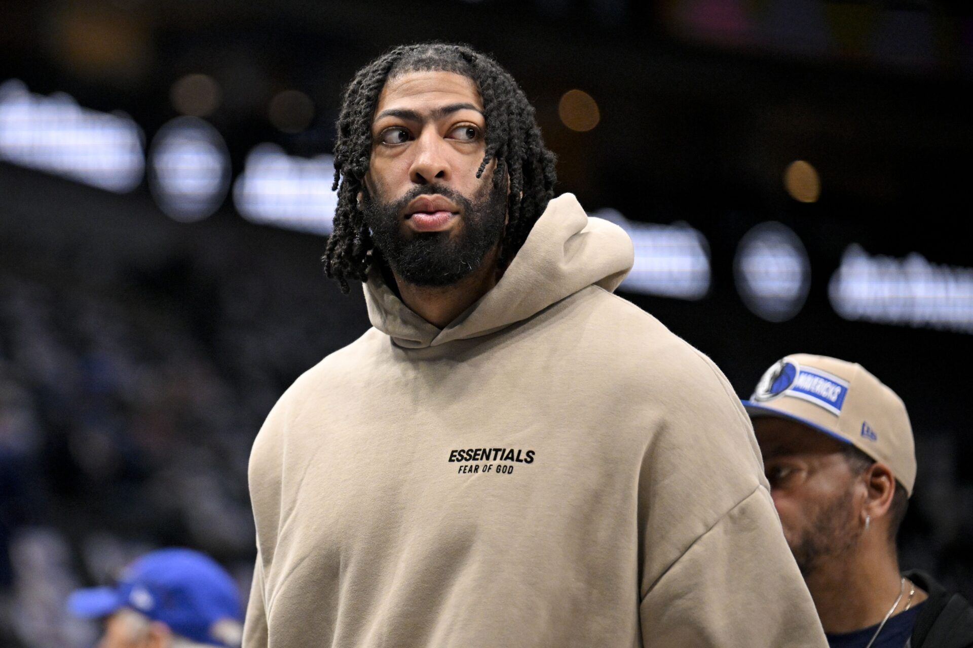 Dallas Mavericks forward Anthony Davis (3) watches team warm ups before the game between the Dallas Mavericks and the Detroit Pistons at the American Airlines Center.