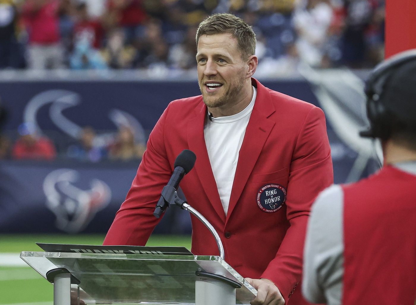 Former Houston Texans player J.J. Watt speaks to the crowd after being inducted into the Texans Ring of Honor during the game against the Pittsburgh Steelers at NRG Stadium.