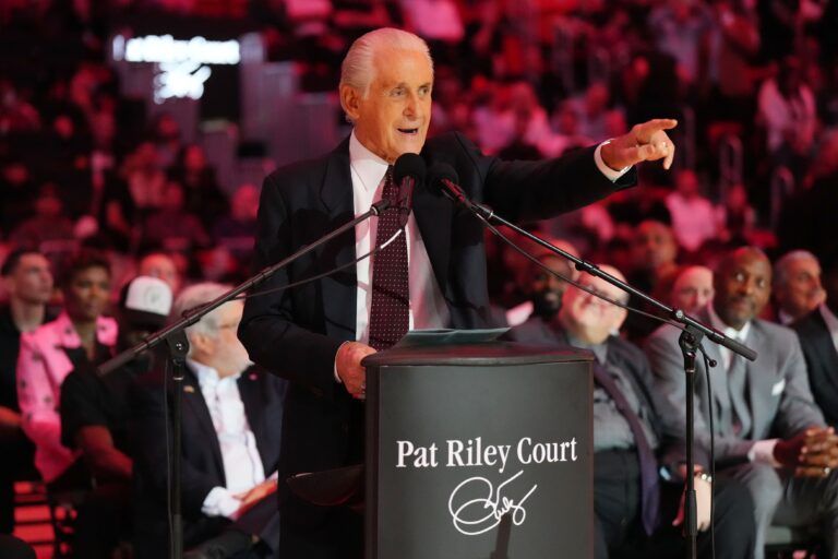 Miami Heat president Pat Riley addresses the crowd during the Pat Riley Court dedication ceremony at halftime at Kaseya Center.