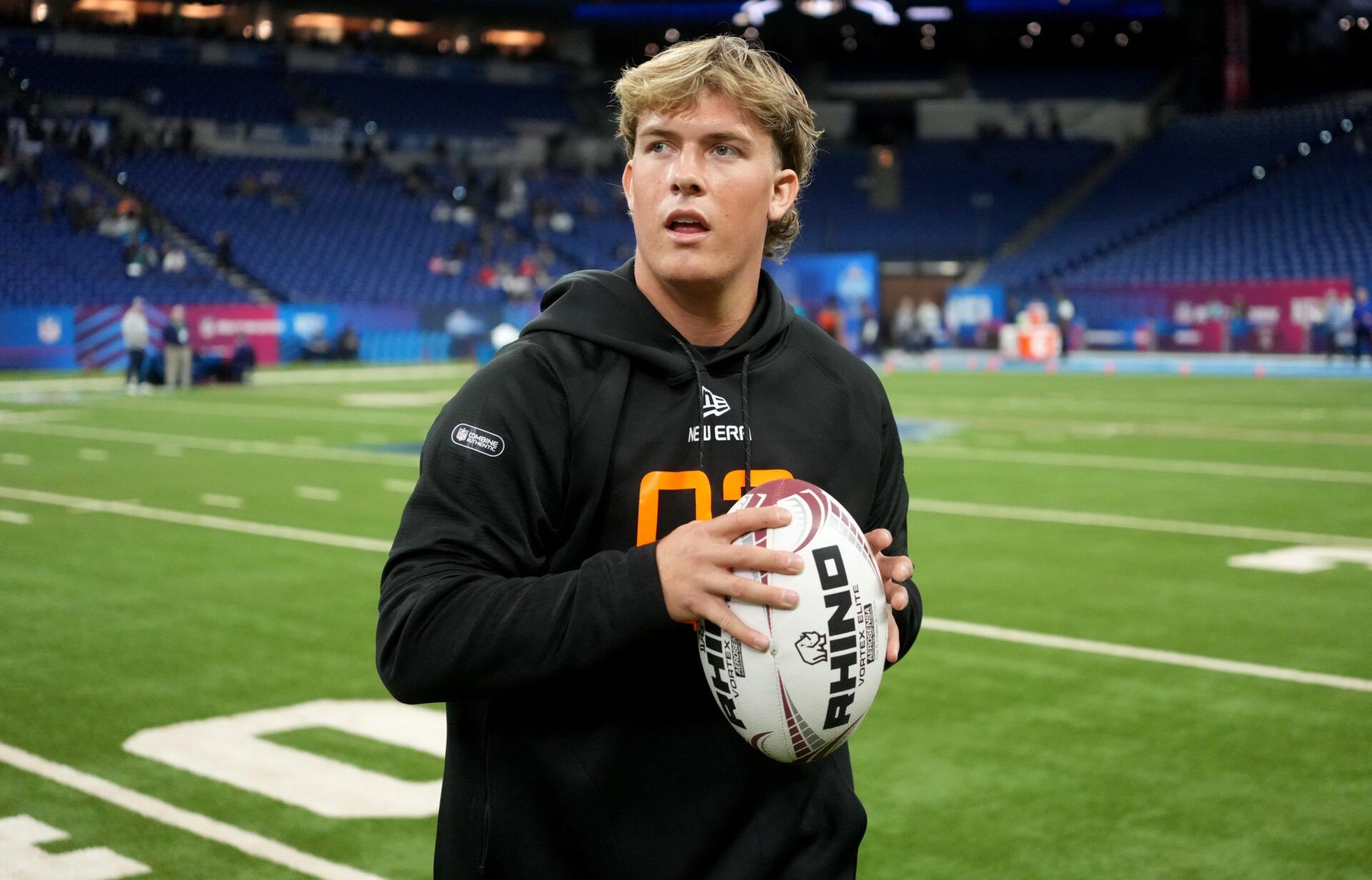 Mississippi quarterback Jaxson Dart (QB03) during the 2025 NFL Combine at Lucas Oil Stadium.