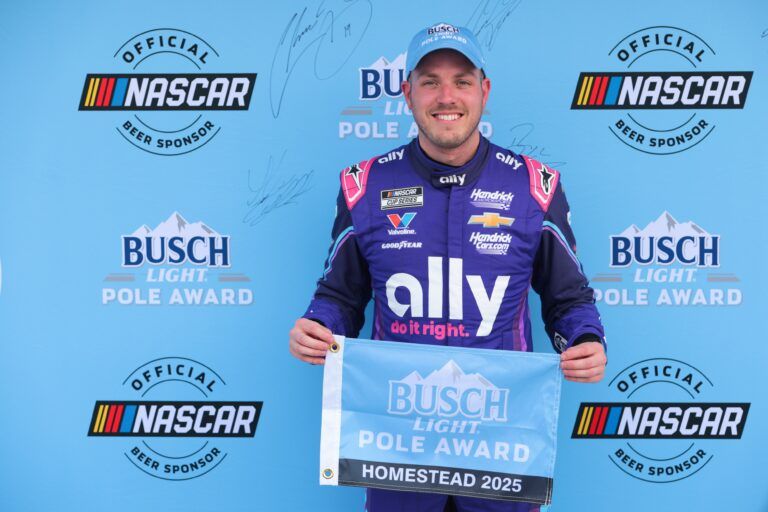 NASCAR Cup Series driver Alex Bowman (48) celebrates with Busch Light Pole Award after winning the pole for the the Straight Talk Wireless 400 at Homestead-Miami Speedway