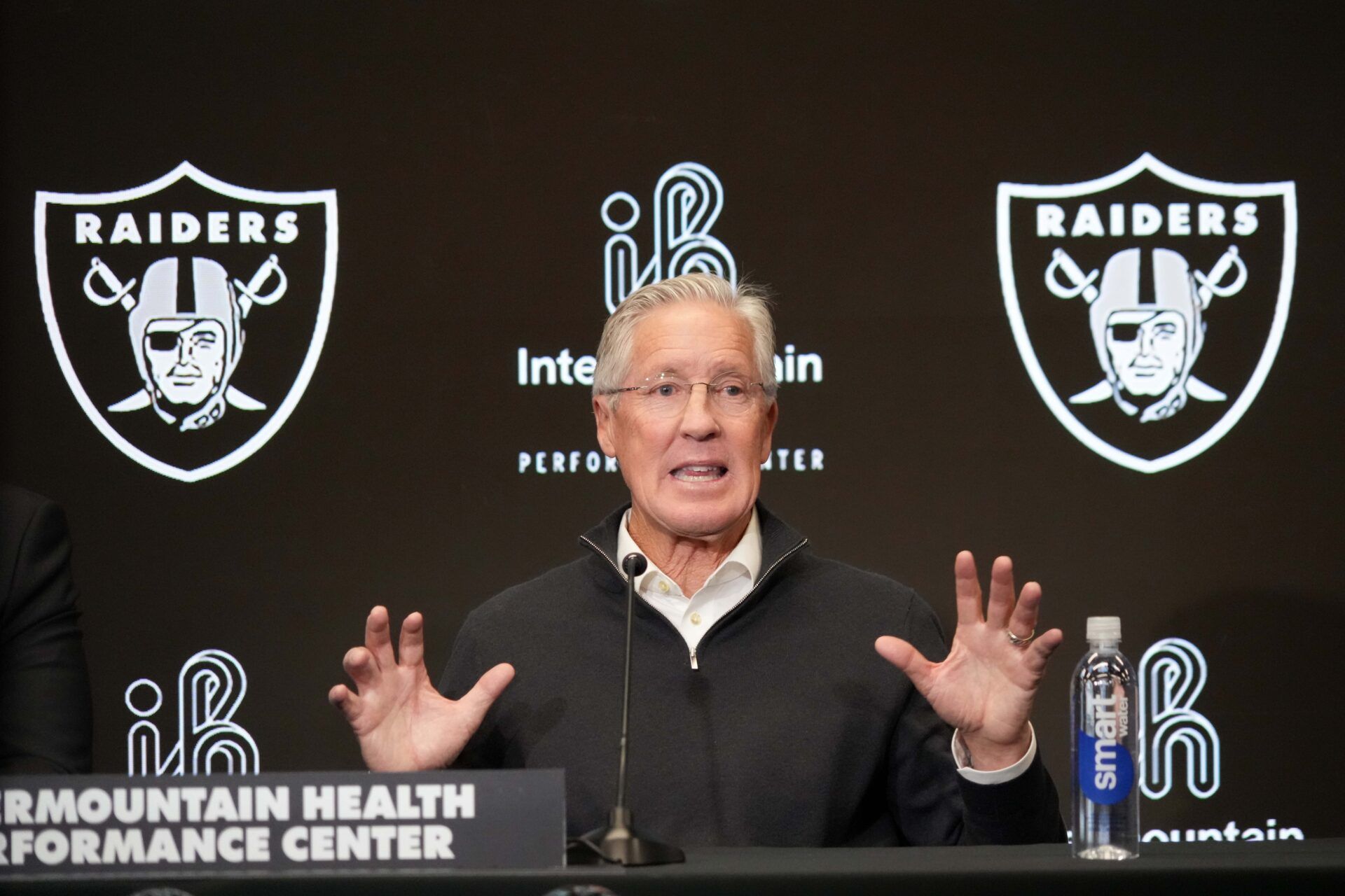Las Vegas Raiders coach Pete Carroll at press conference at Intermountain Health Performance Center.