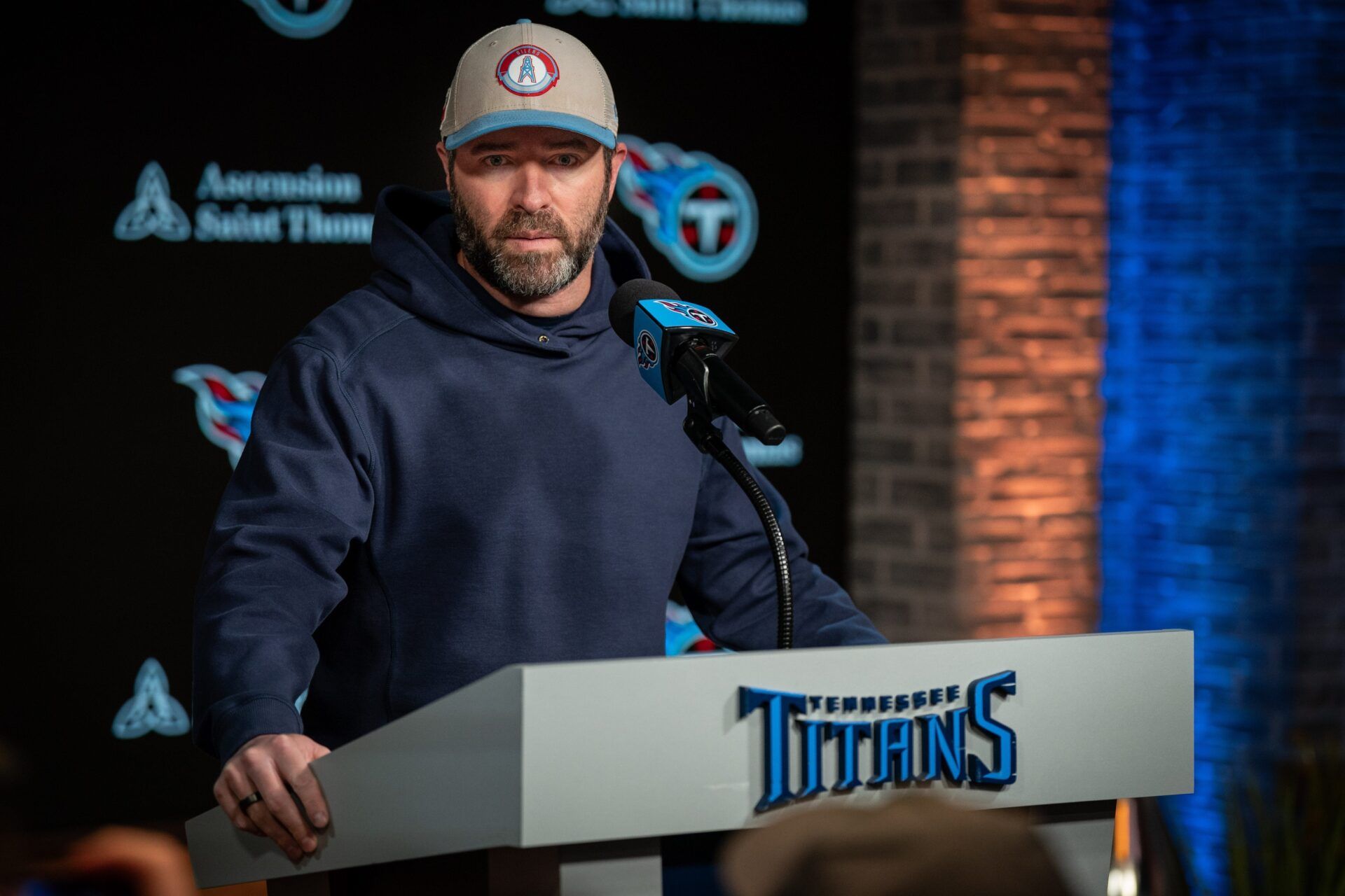 Tennessee Titans head coach Brian Callahan speaks during a press conference at Ascension Saint Thomas Sports Park.