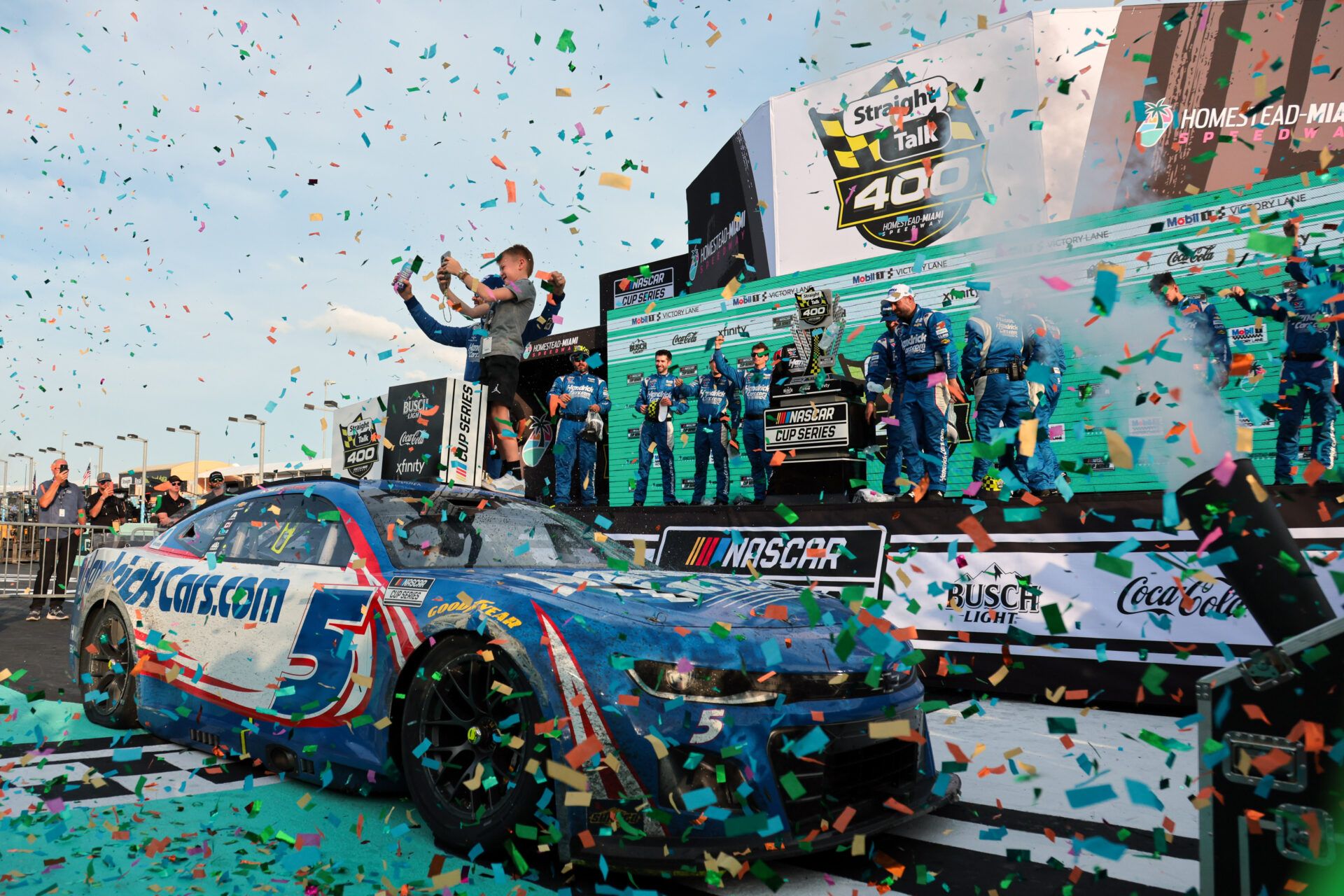 Kyle Larson held off Alex Bowman and Bubba Wallace to win his second NASCAR race of the weekend at Homestead-Miami Speedway.